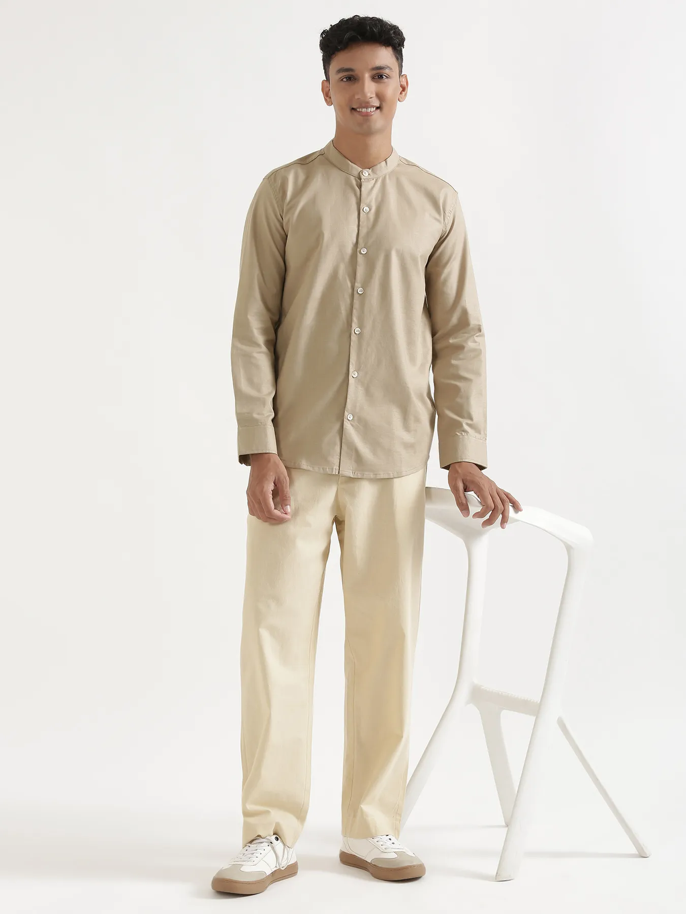 Men Taupe Linen Blend Mandarin Collar Shirt - Image 13