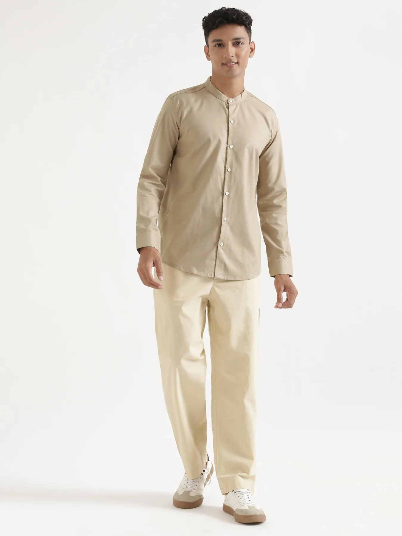 Men Taupe Linen Blend Mandarin Collar Shirt - Image 3