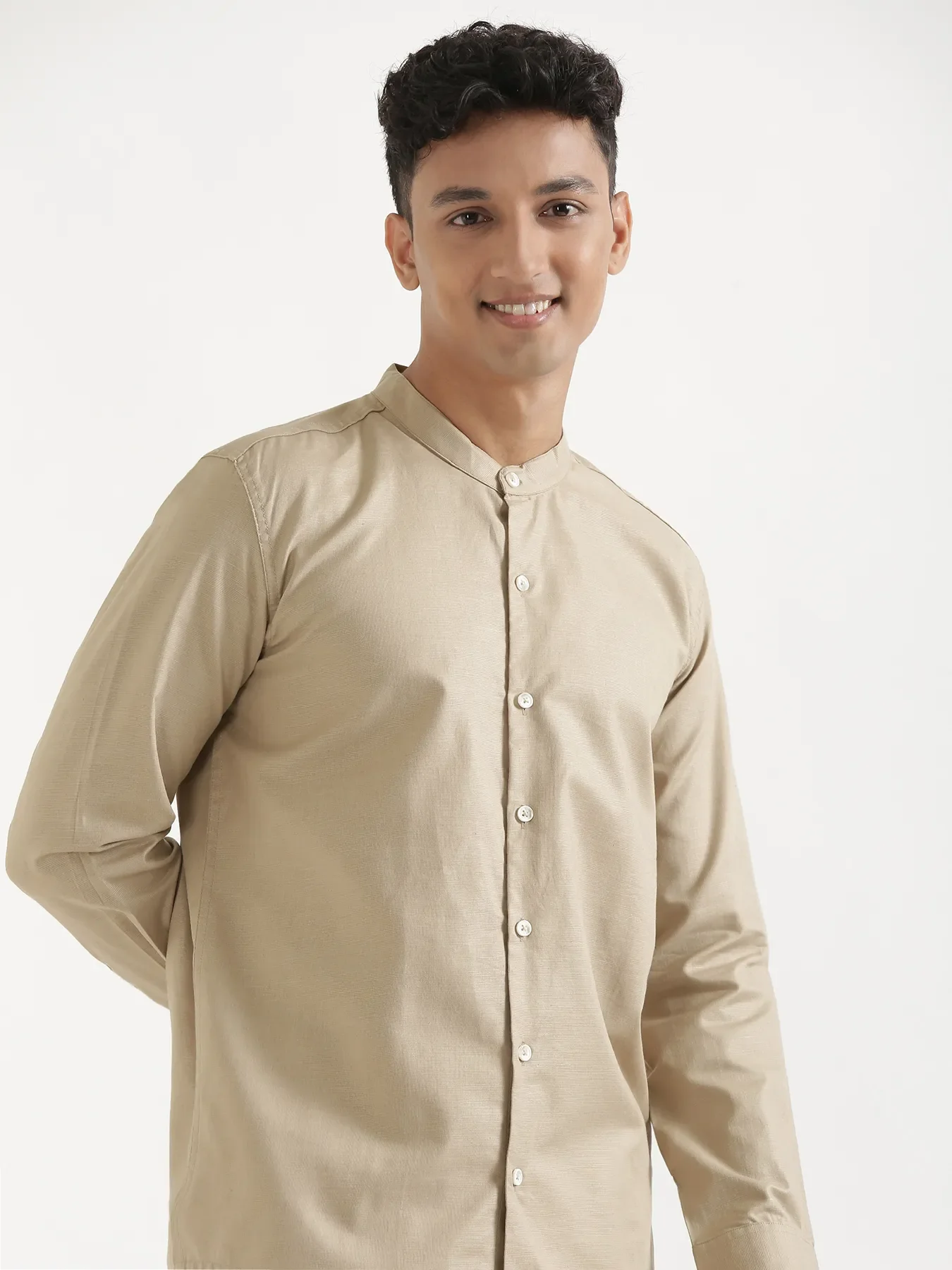 Men Taupe Linen Blend Mandarin Collar Shirt - Image 4