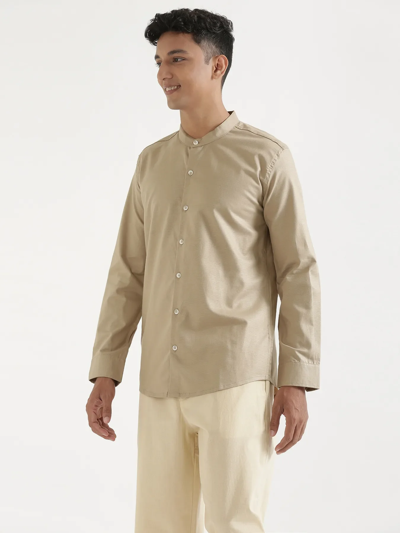 Men Taupe Linen Blend Mandarin Collar Shirt - Image 5