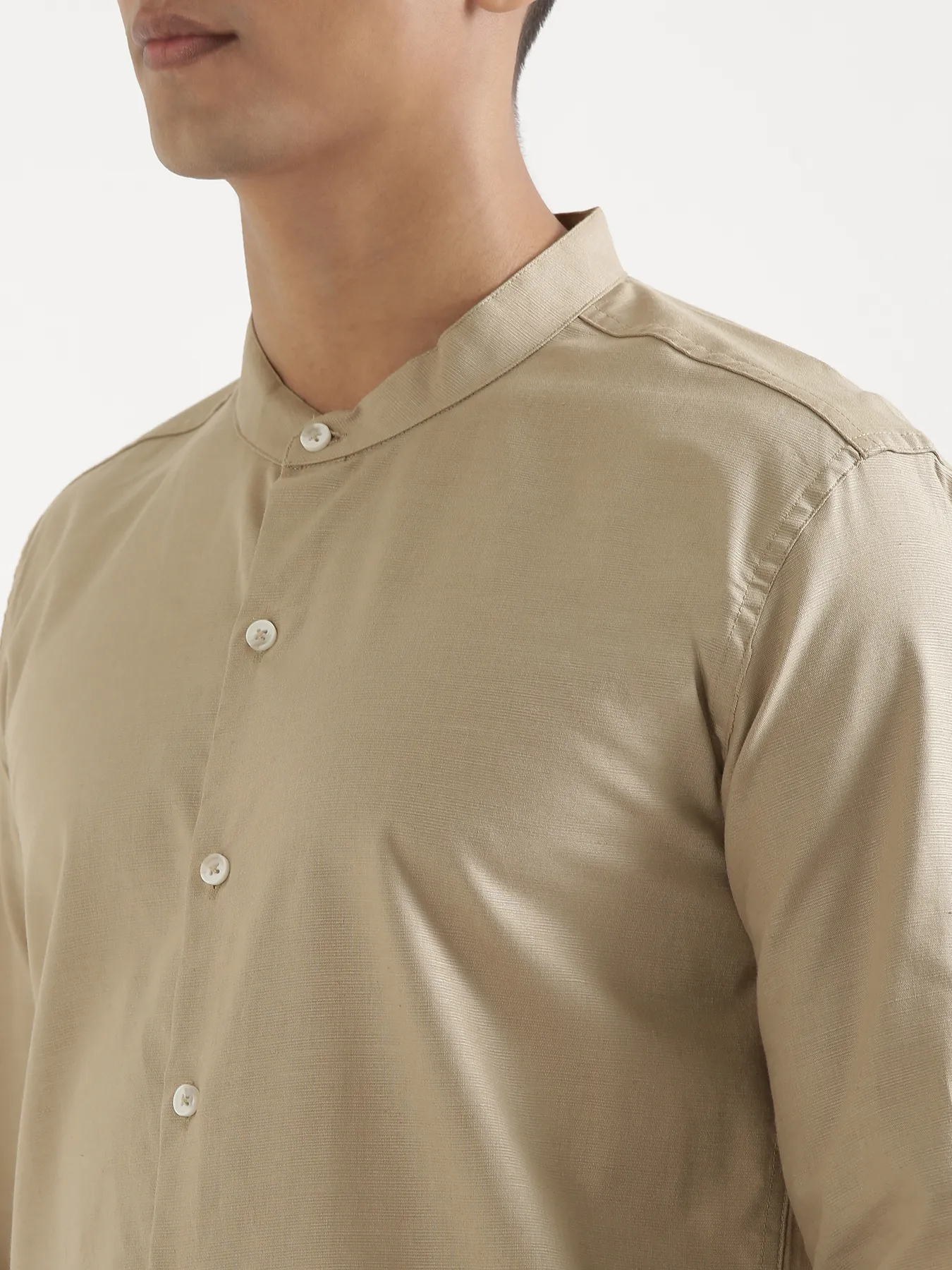 Men Taupe Linen Blend Mandarin Collar Shirt - Image 7