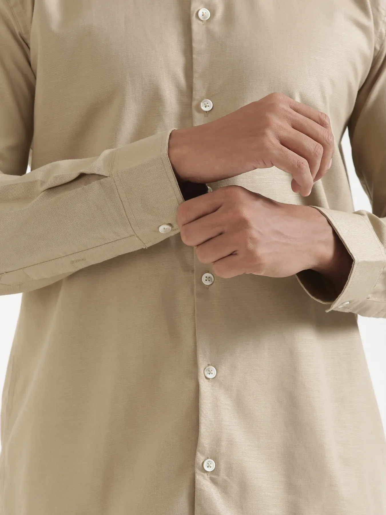 Men Taupe Linen Blend Mandarin Collar Shirt - Image 8