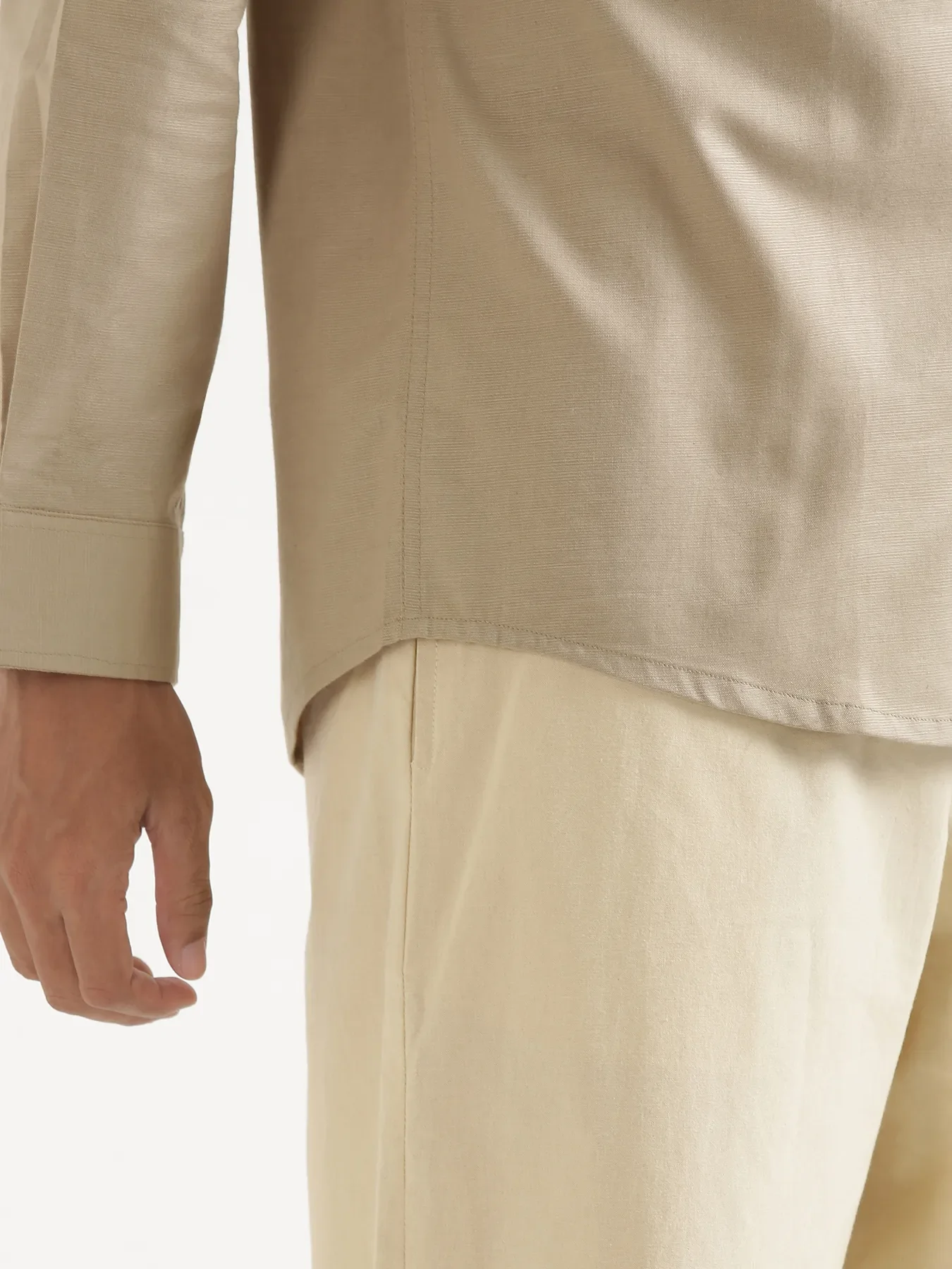 Men Taupe Linen Blend Mandarin Collar Shirt - Image 9