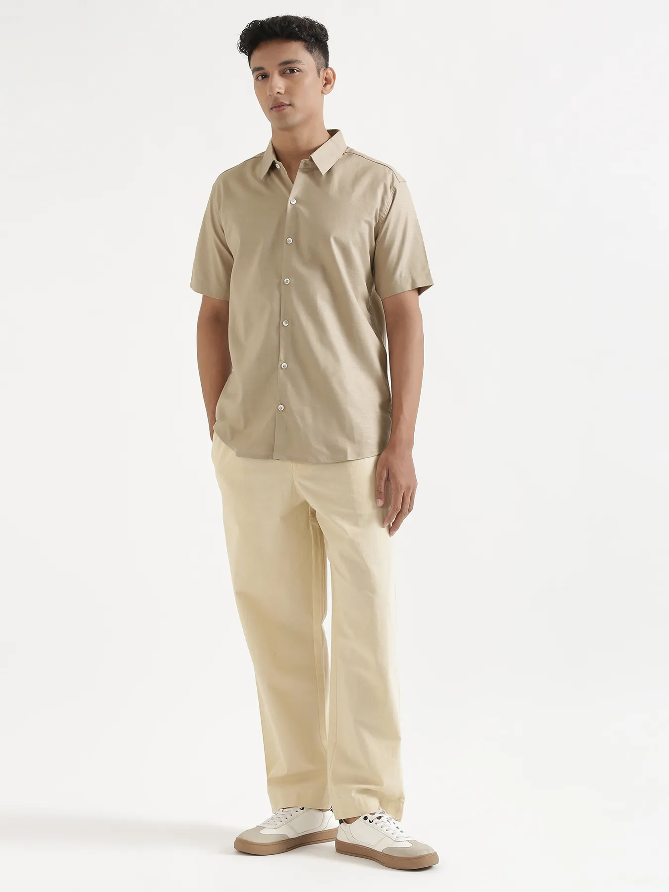 Men Taupe Linen Blend Short Sleeve Shirt - Image 3