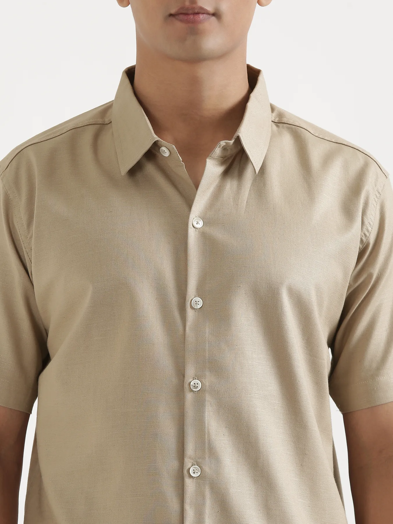Men Taupe Linen Blend Short Sleeve Shirt - Image 6