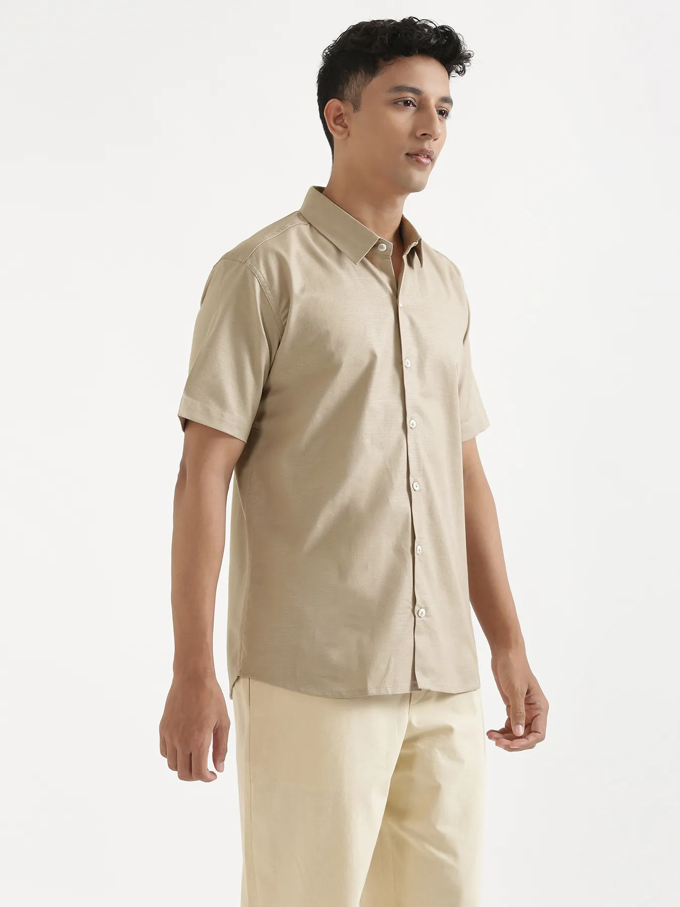 Men Taupe Linen Blend Short Sleeve Shirt - Image 9
