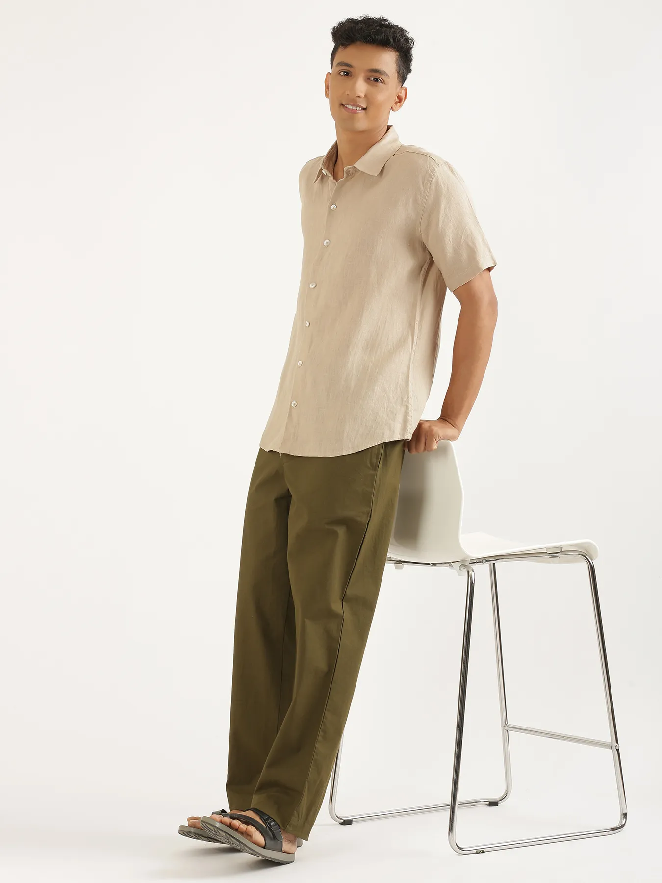Men Taupe Pure Linen Short Sleeve Shirt - Image 10