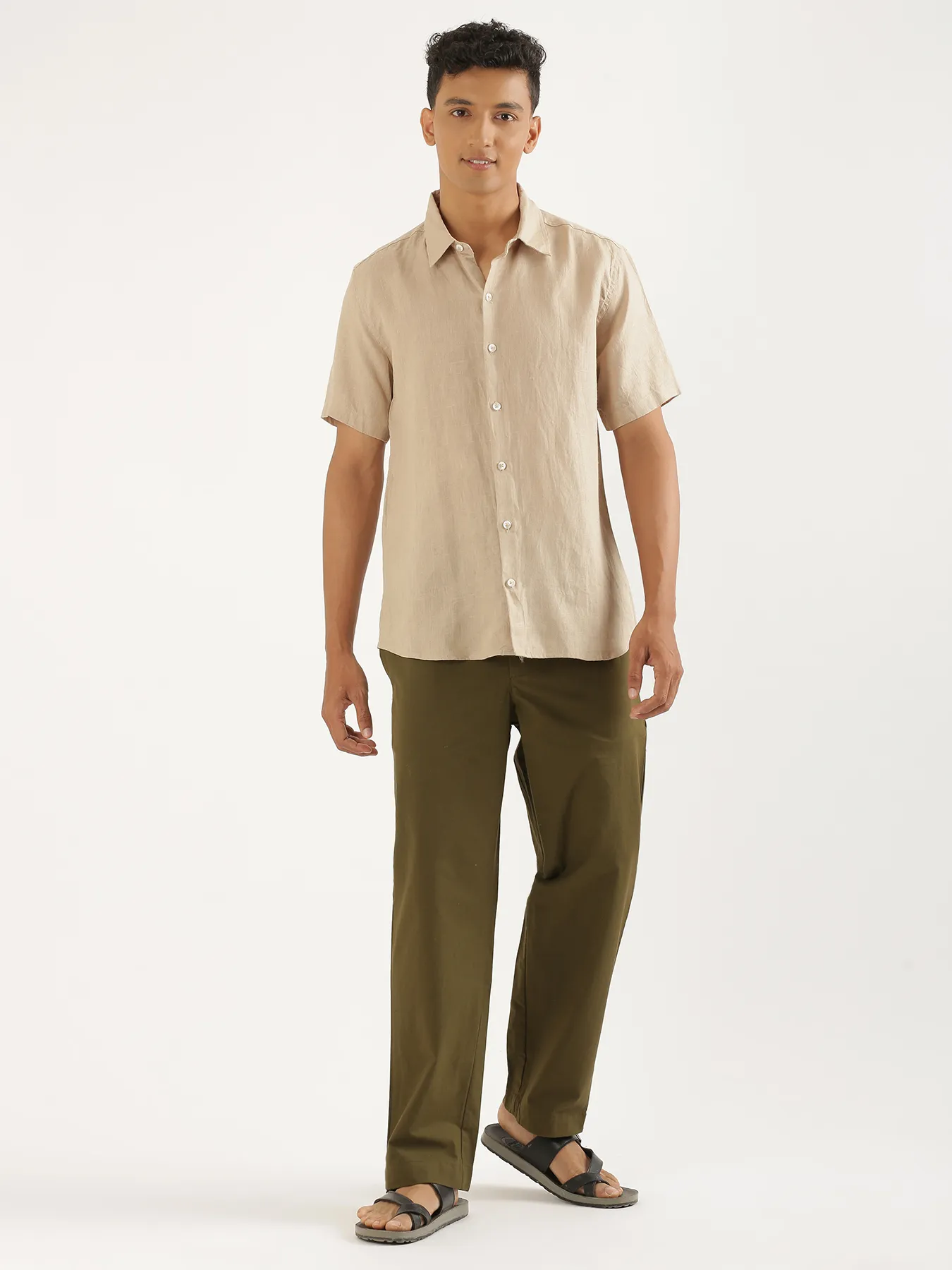 Men Taupe Pure Linen Short Sleeve Shirt - Image 3