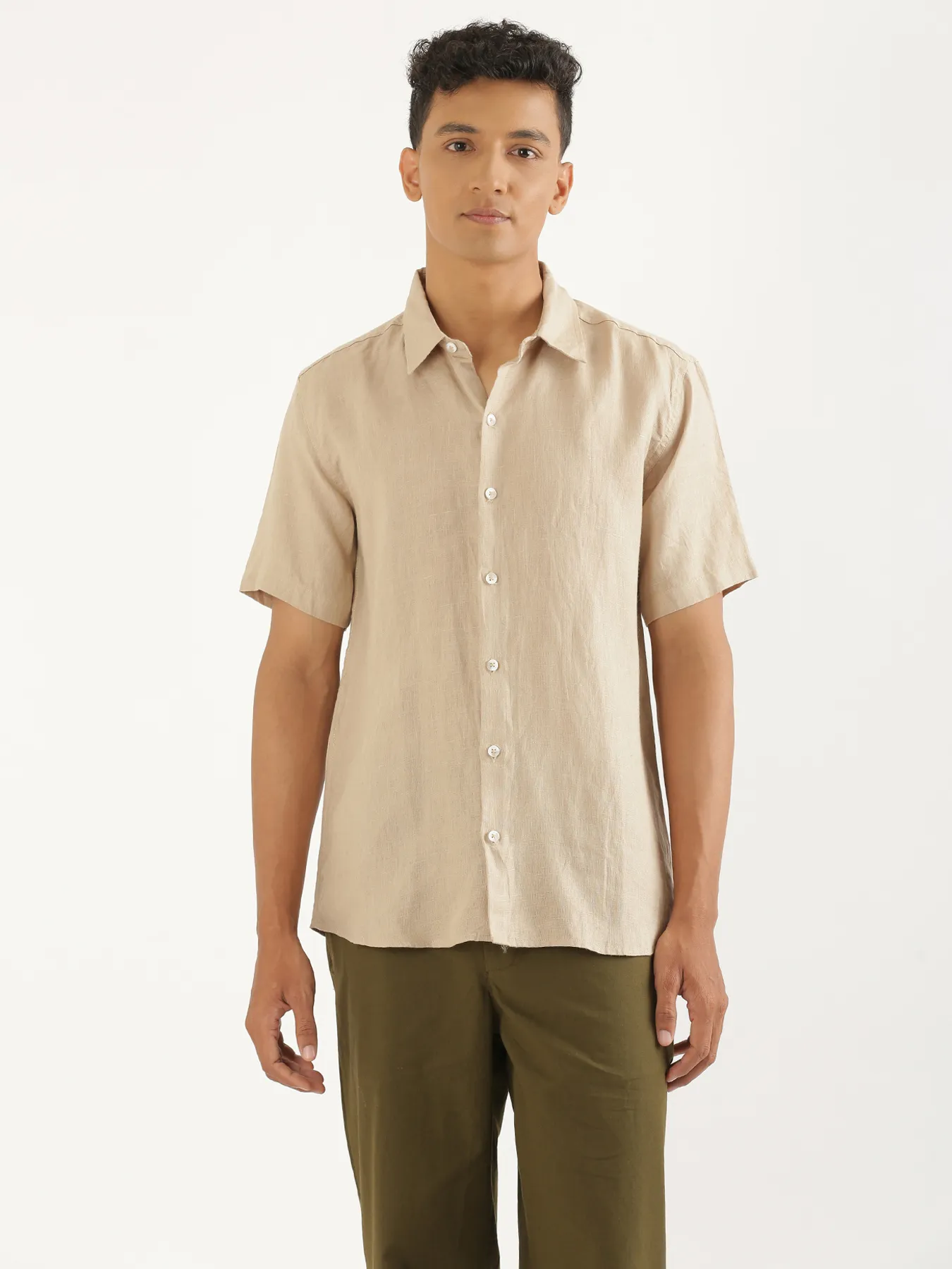 Men Taupe Pure Linen Short Sleeve Shirt - Image 4