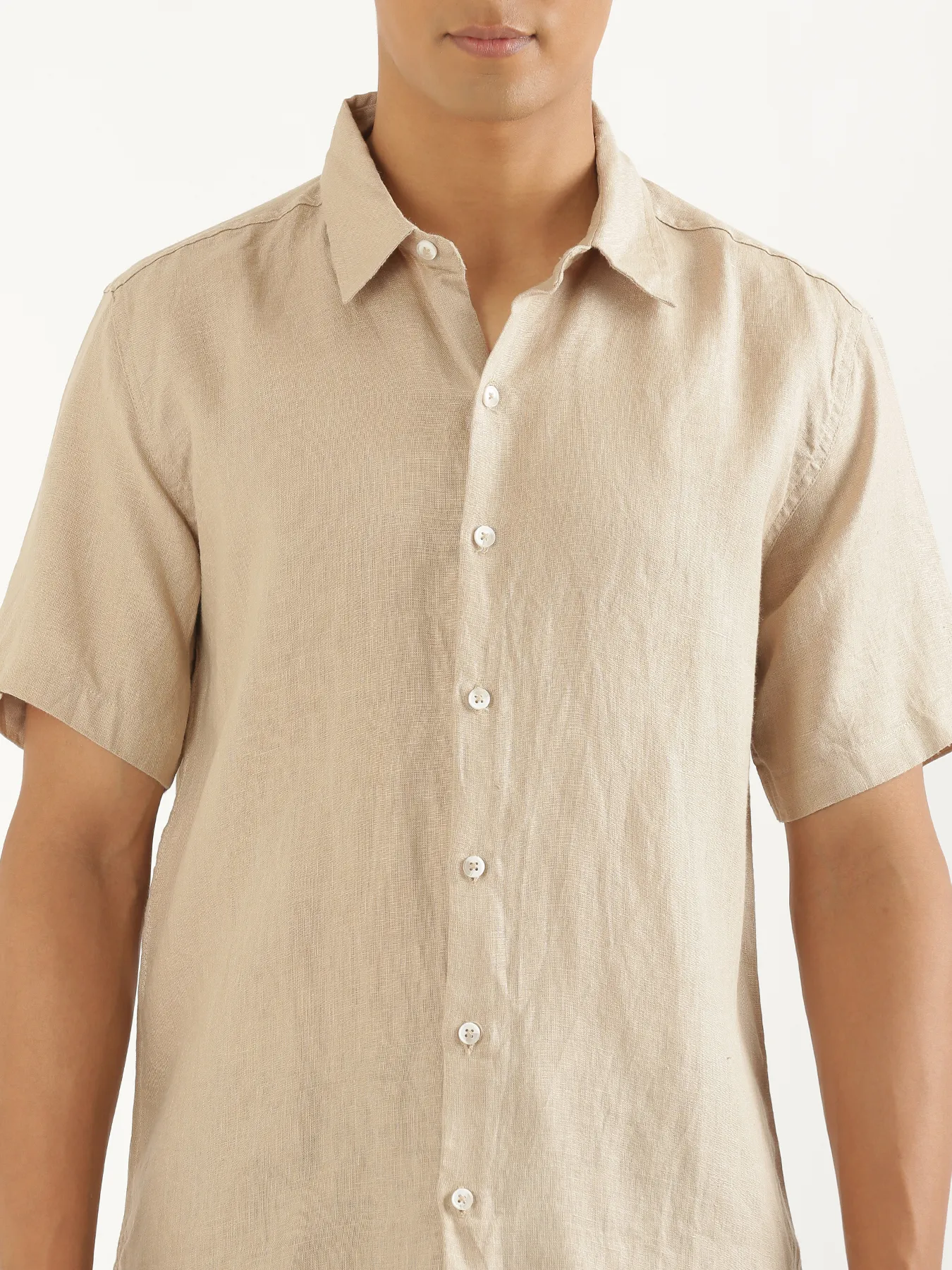 Men Taupe Pure Linen Short Sleeve Shirt - Image 5