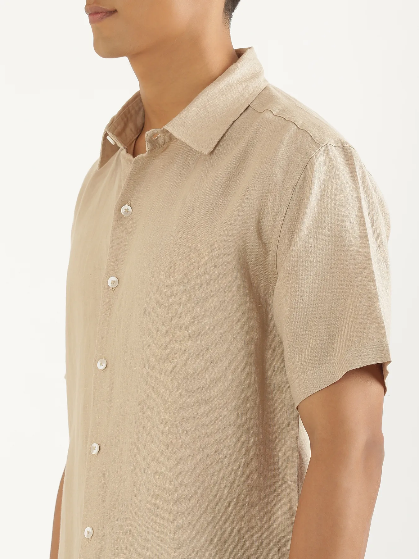 Men Taupe Pure Linen Short Sleeve Shirt - Image 6
