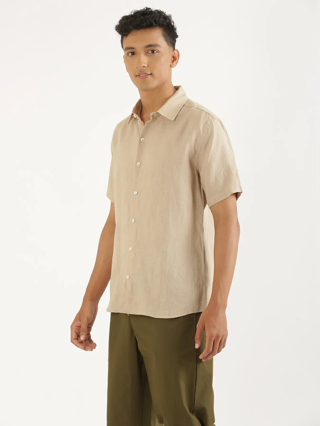 Men Taupe Pure Linen Short Sleeve Shirt - Image 7