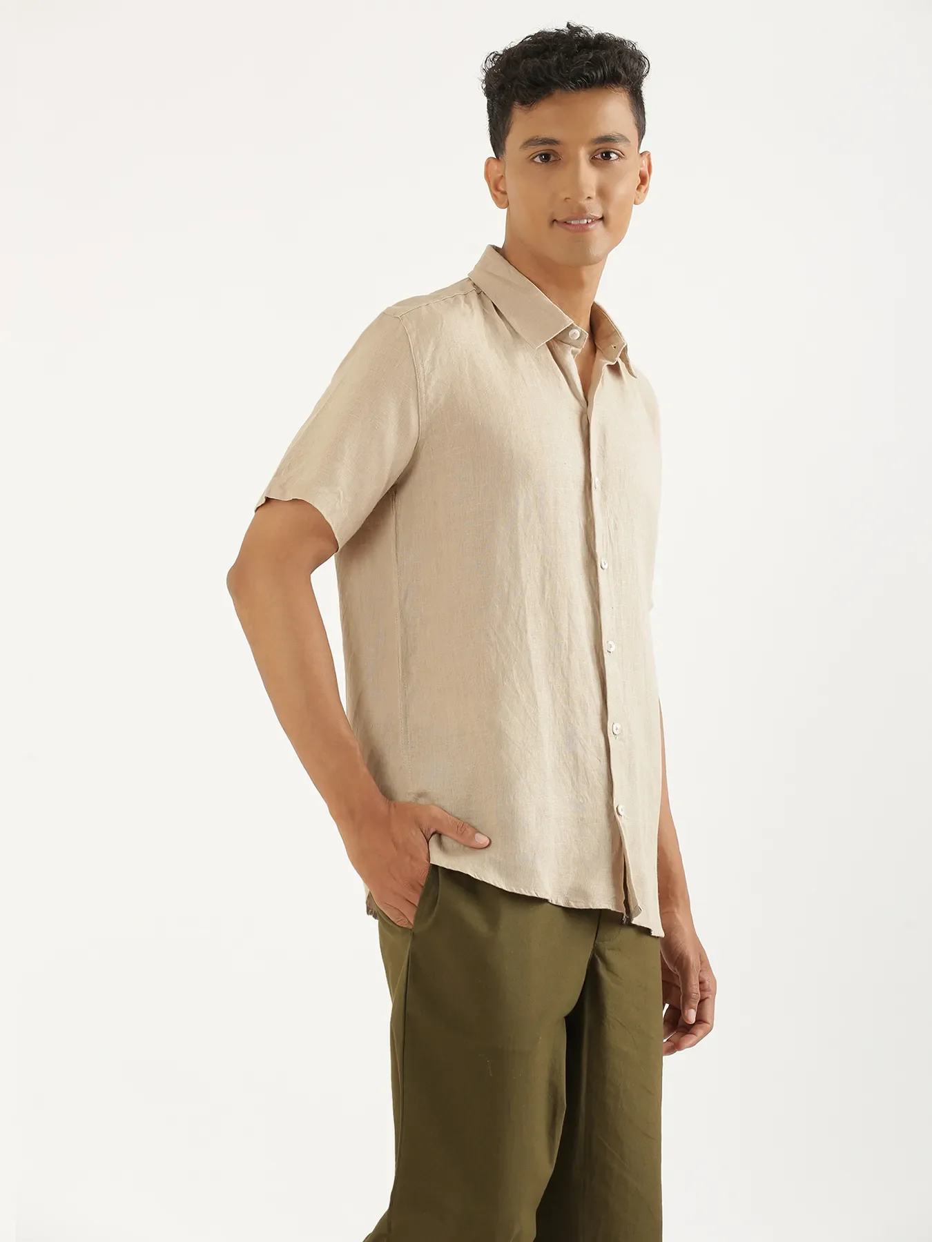 Men Taupe Pure Linen Short Sleeve Shirt - Image 8
