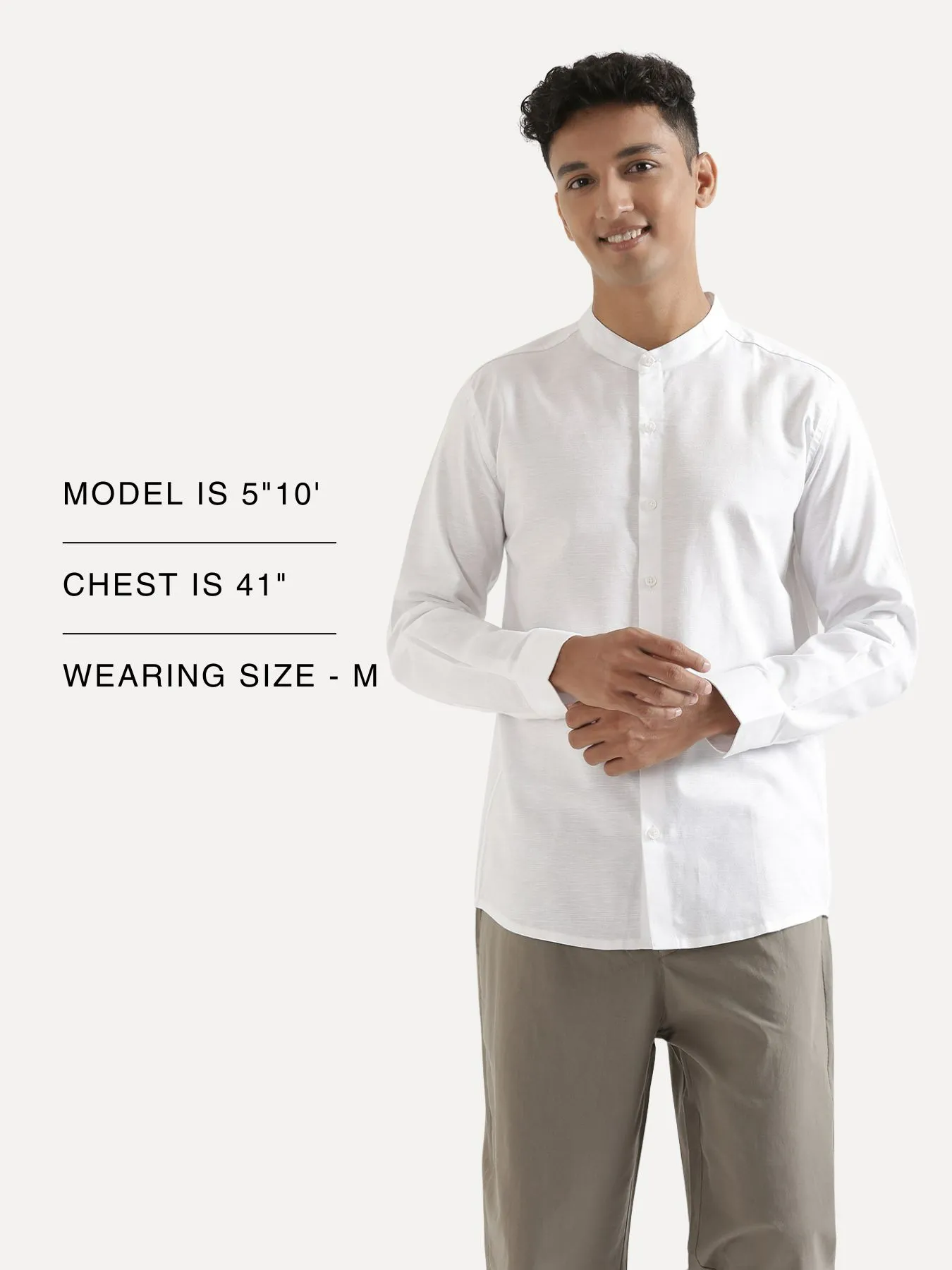Men White Linen Blend Mandarin Collar Shirt - Image 14