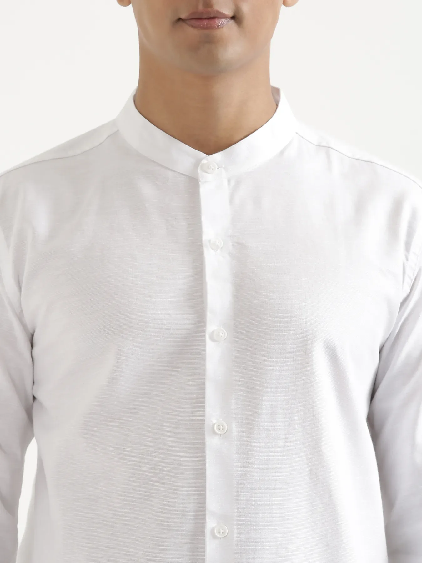 Men White Linen Blend Mandarin Collar Shirt - Image 7
