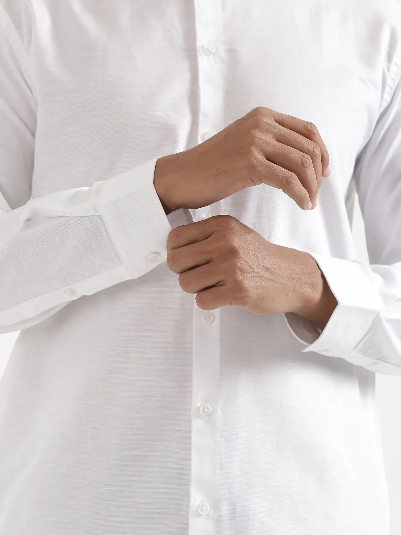 Men White Linen Blend Mandarin Collar Shirt - Image 8