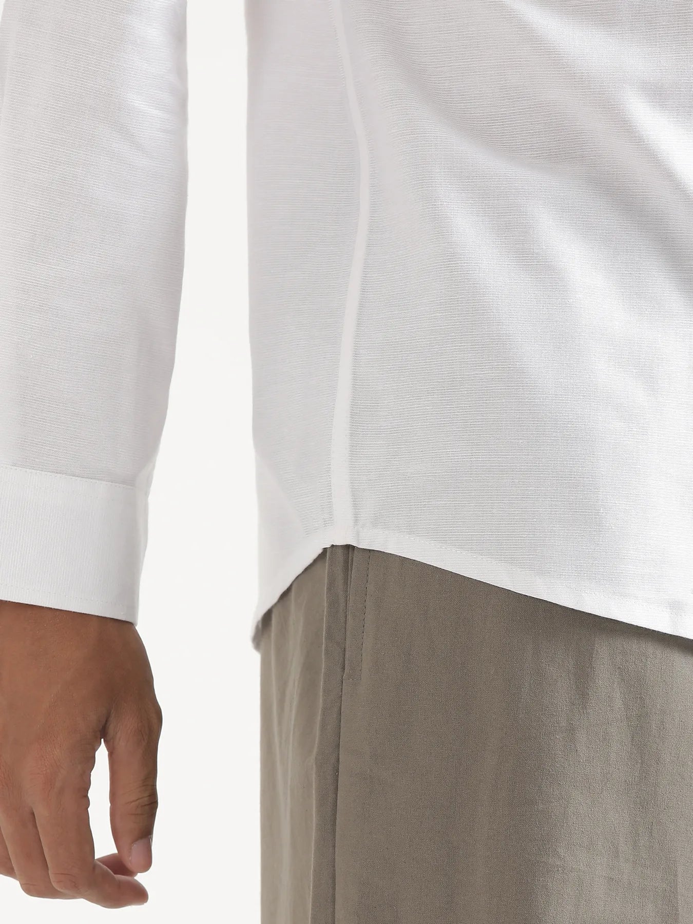 Men White Linen Blend Mandarin Collar Shirt - Image 9