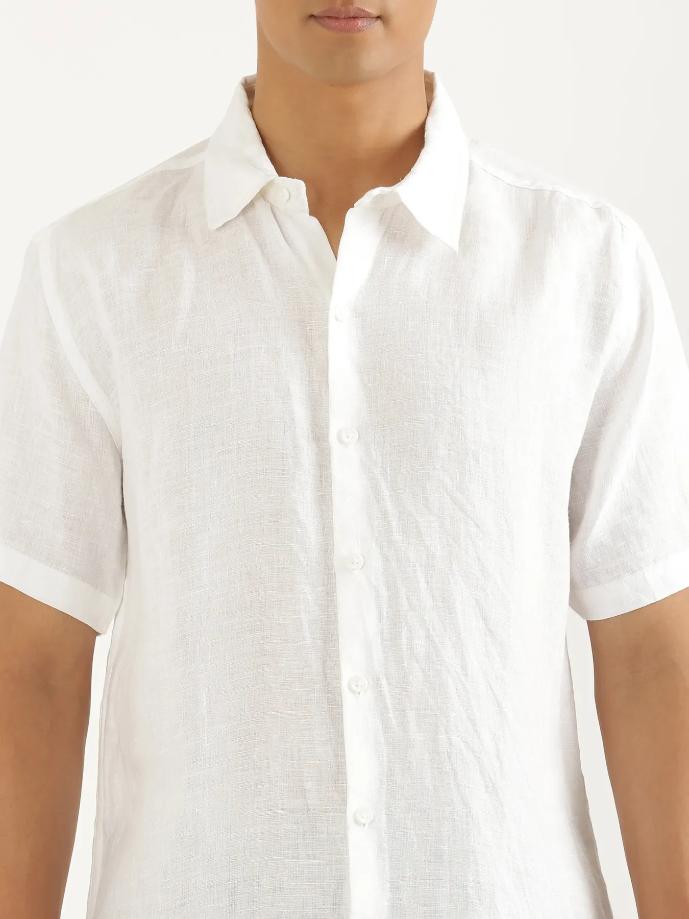 Men White Pure Linen Short Sleeve Shirt - Image 5