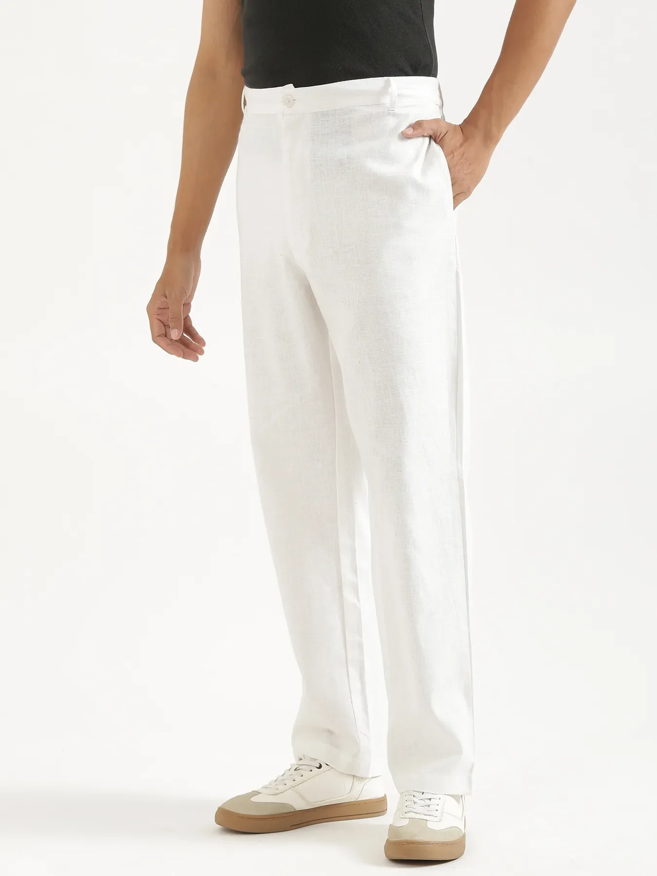 Men White Linen Blend Pant & Light Pink Pure Linen Short Sleeve Shirt - Image 9