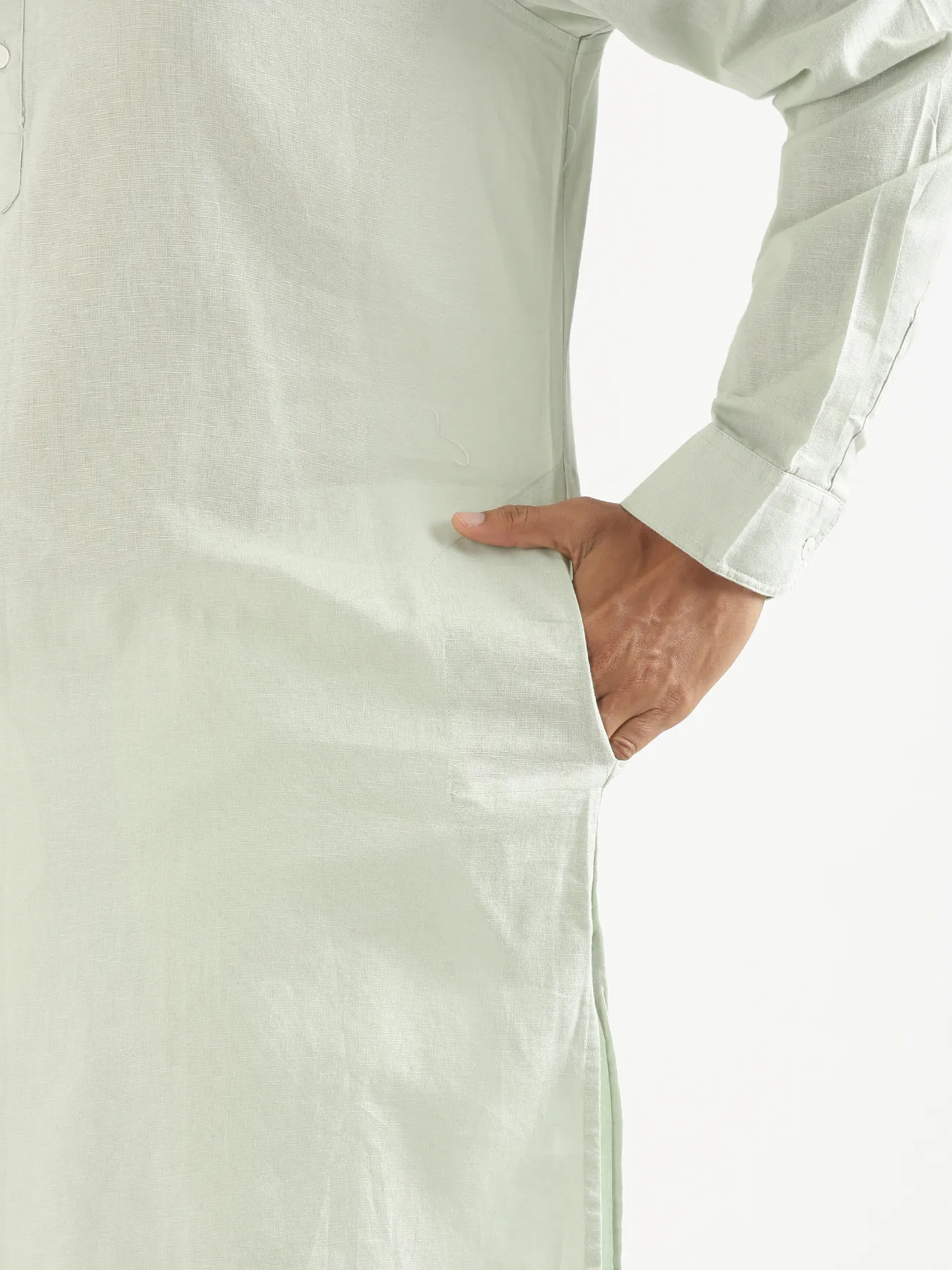 Men Mint Green Airy Linen Long Kurta - Image 12