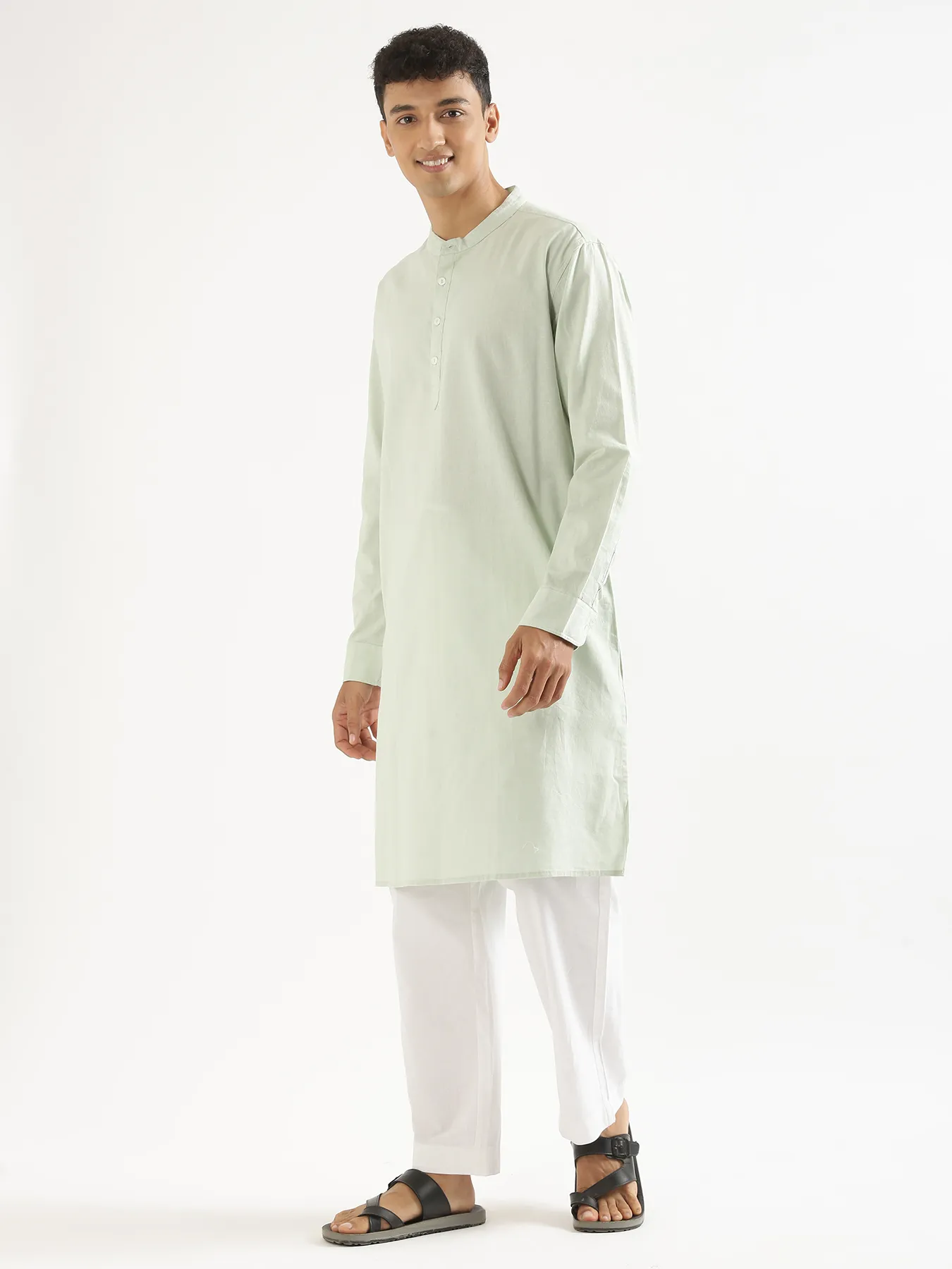 Men Mint Green Airy Linen Long Kurta - Image 9