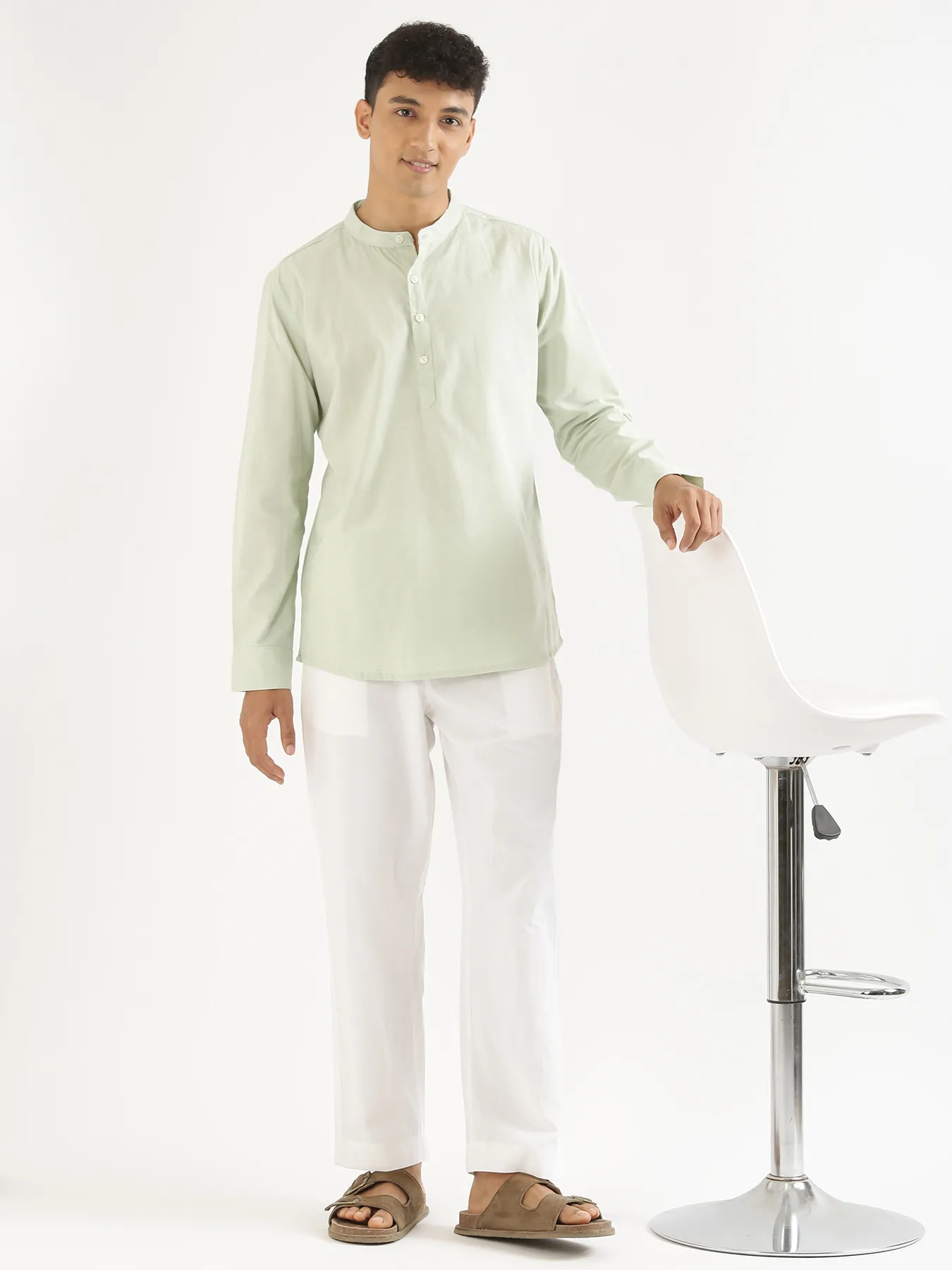Men Mint Green Airy Linen Short Kurta - Image 11
