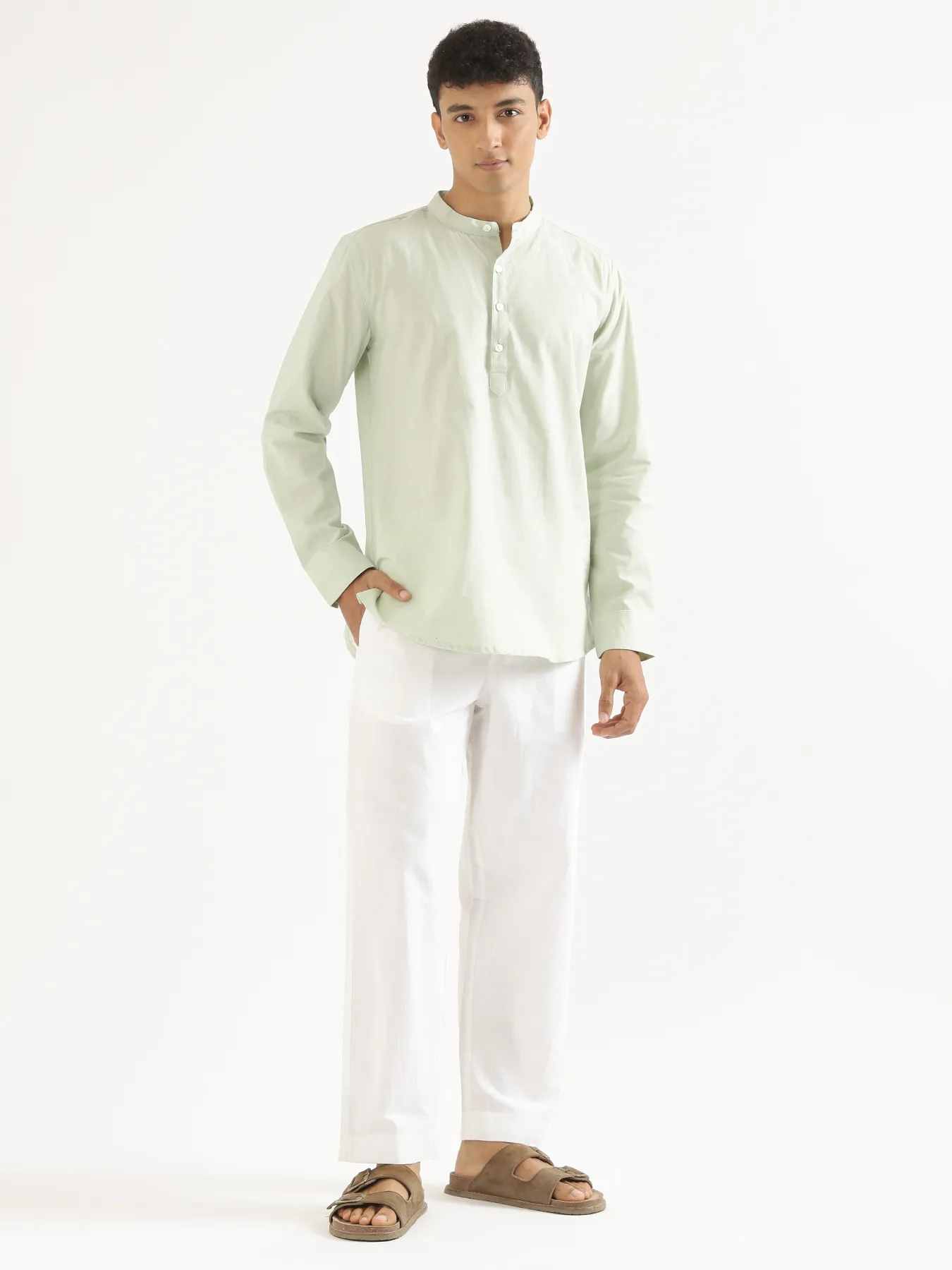 Men Mint Green Airy Linen Short Kurta - Image 3