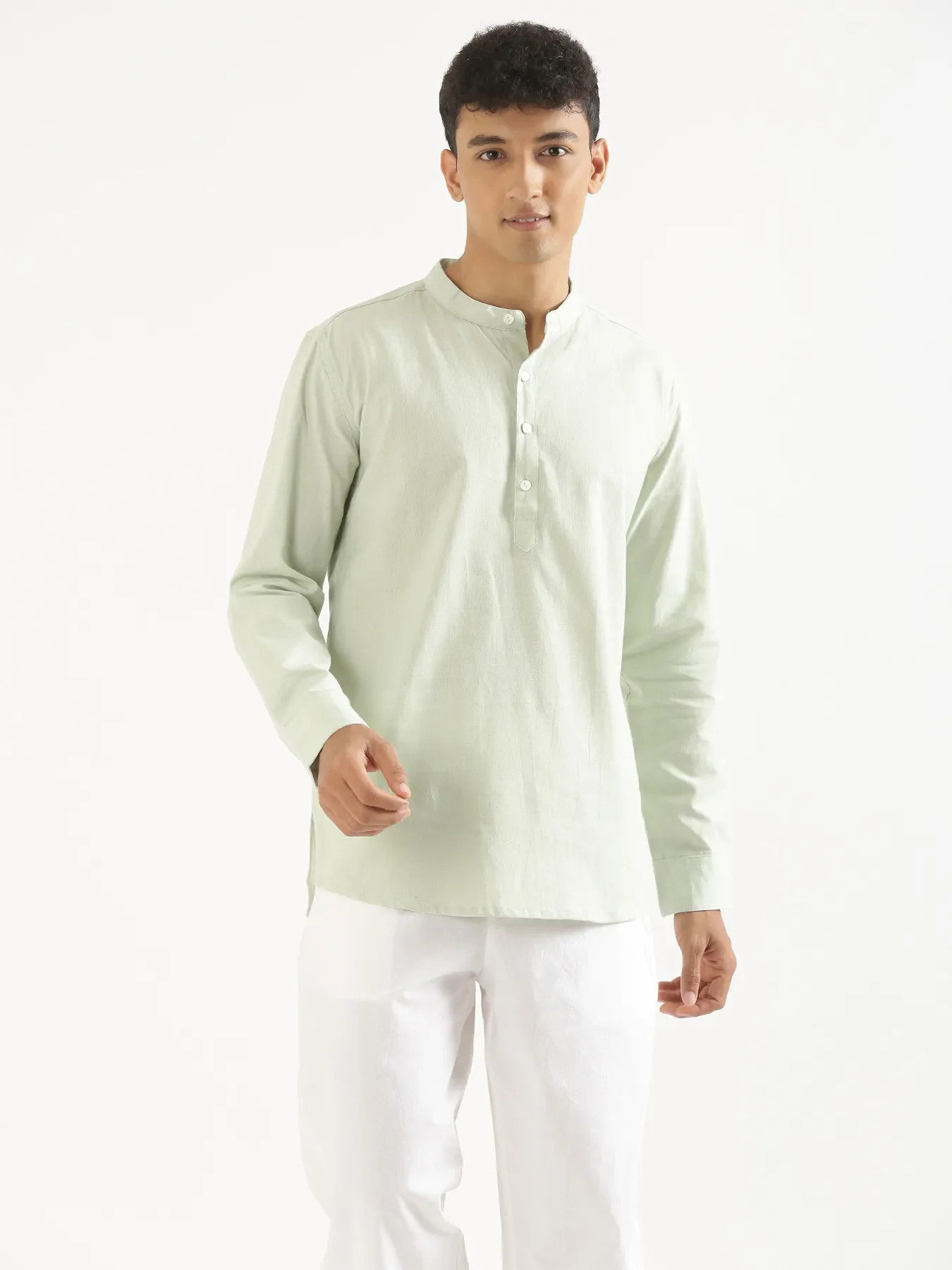 Men Mint Green Airy Linen Short Kurta - Image 4