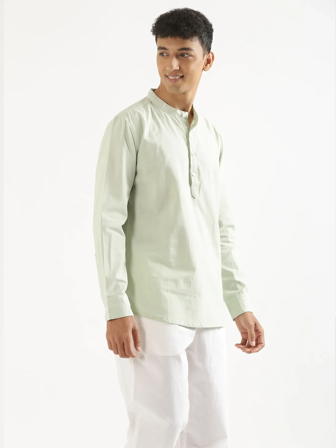 Men Mint Green Airy Linen Short Kurta - Image 9