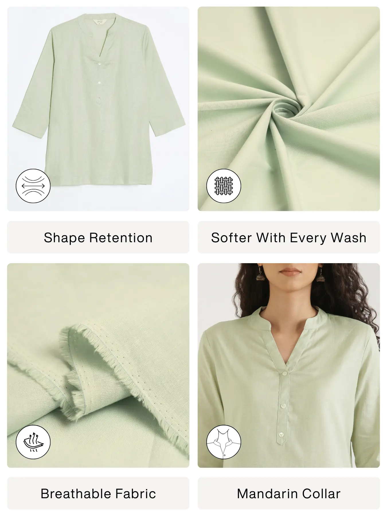 Women Mint Green Airy Linen Short Kurta - Image 2