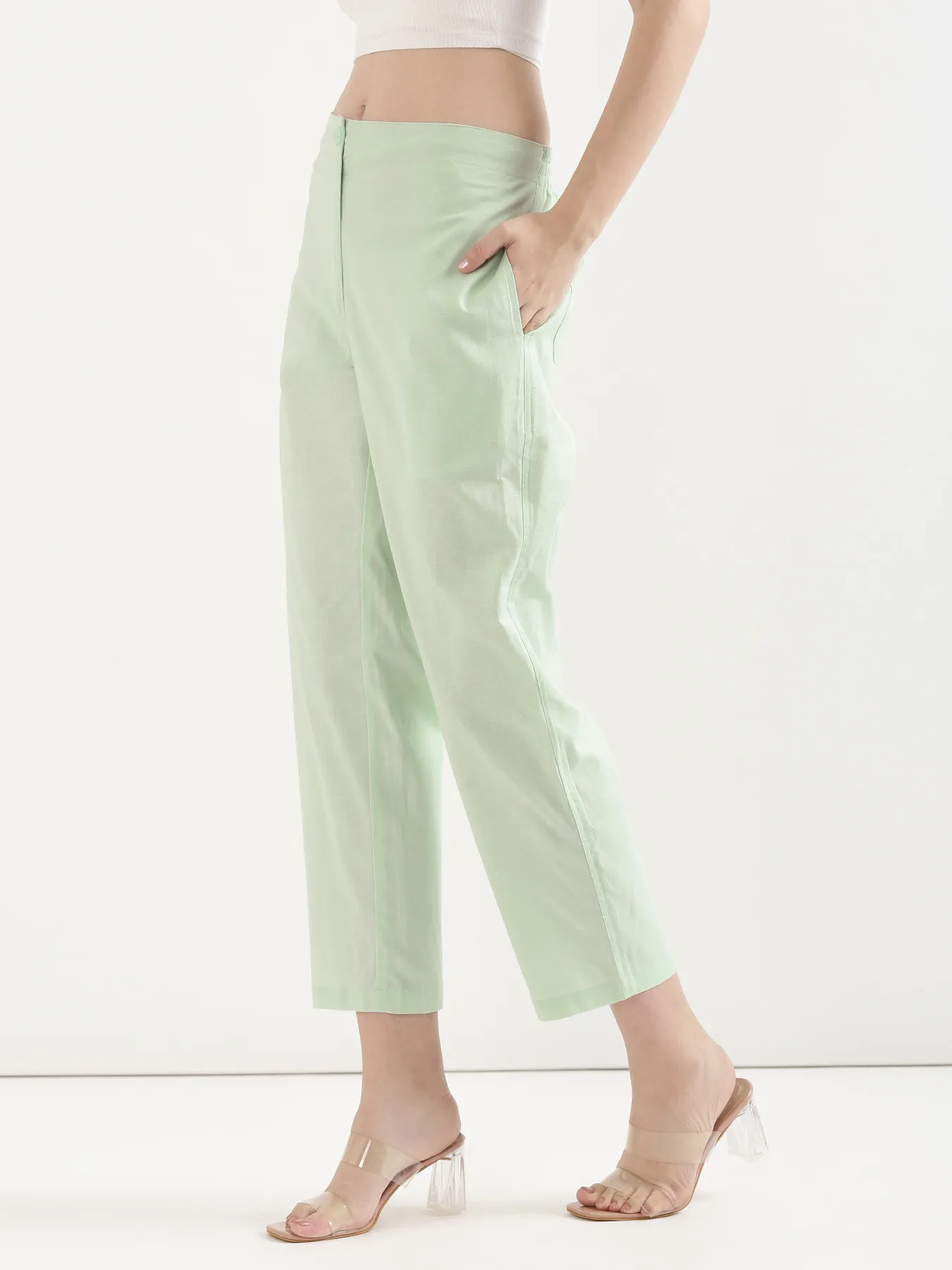Women Mint Green Airy Linen Straight Pants - Image 5