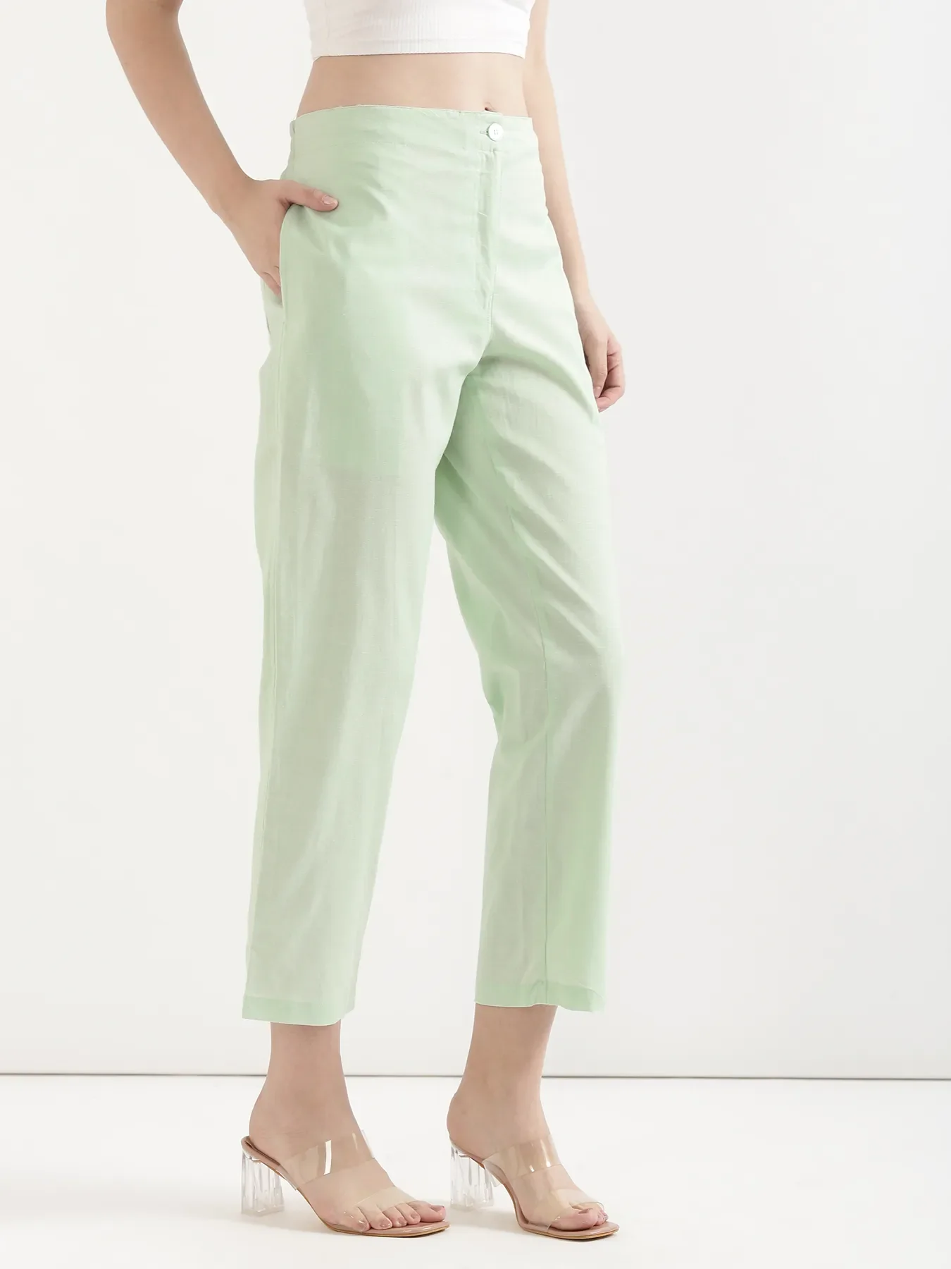 Women Mint Green Airy Linen Straight Pants - Image 6