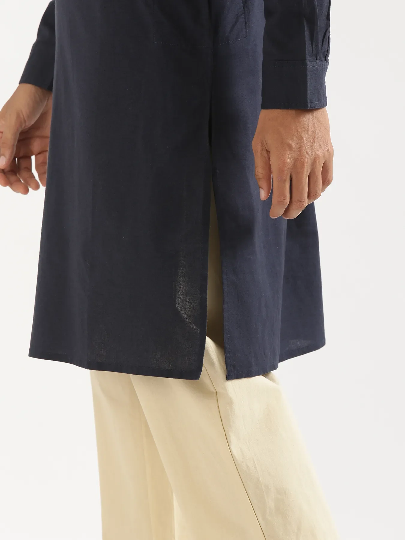 Men Navy Blue Airy Linen Long Kurta - Image 13