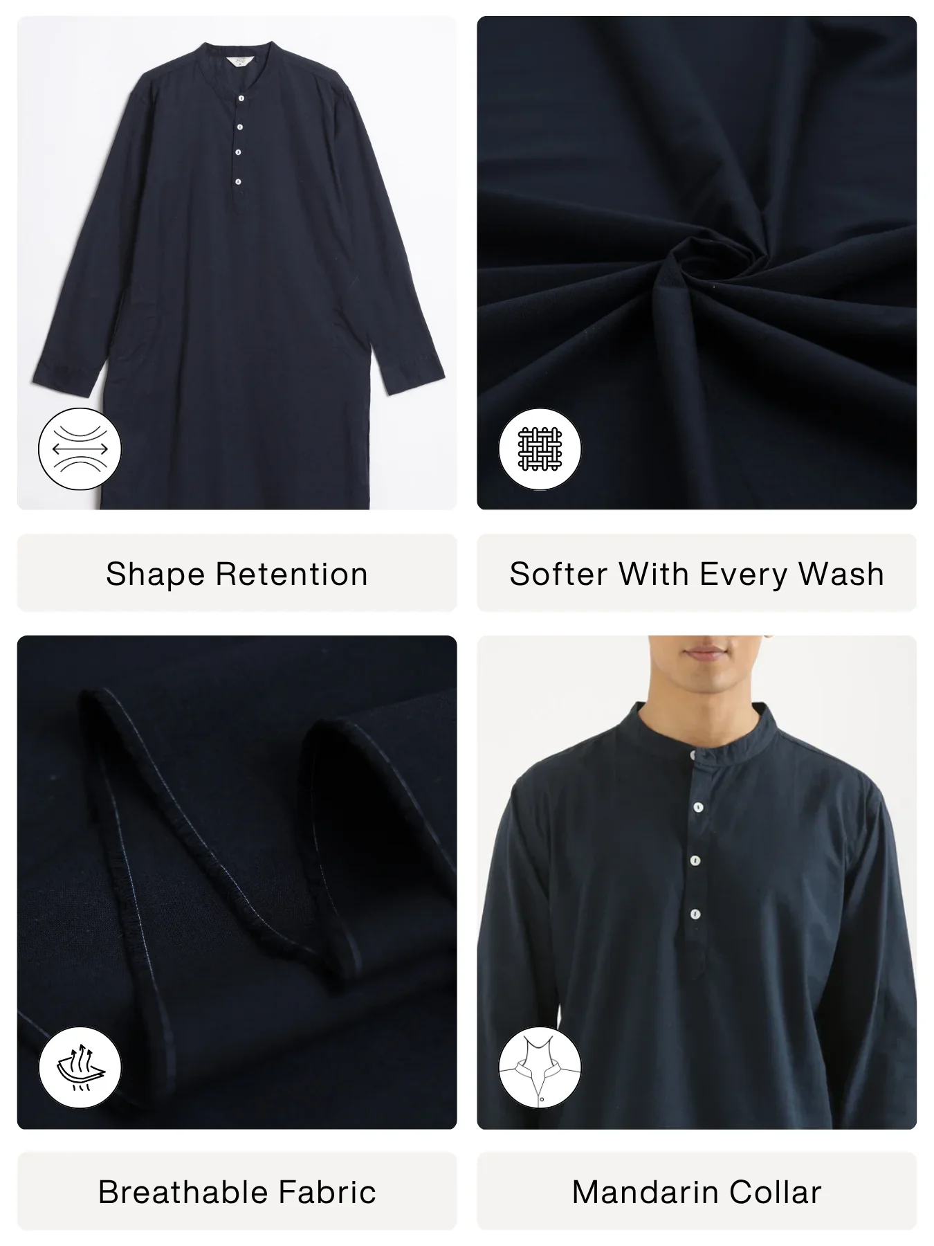Men Navy Blue Airy Linen Long Kurta - Image 2