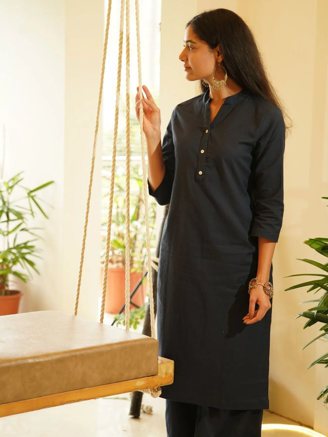 Navy Blue Airy Linen Long Kurta Co-ord Set - Image 4