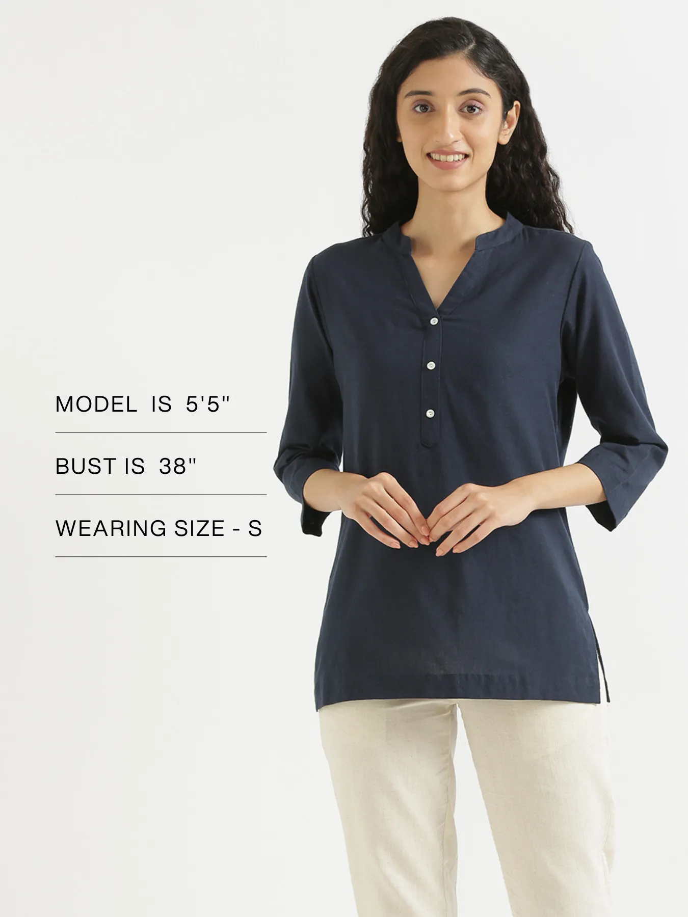 Women Navy Blue Airy Linen Short Kurta - Image 11