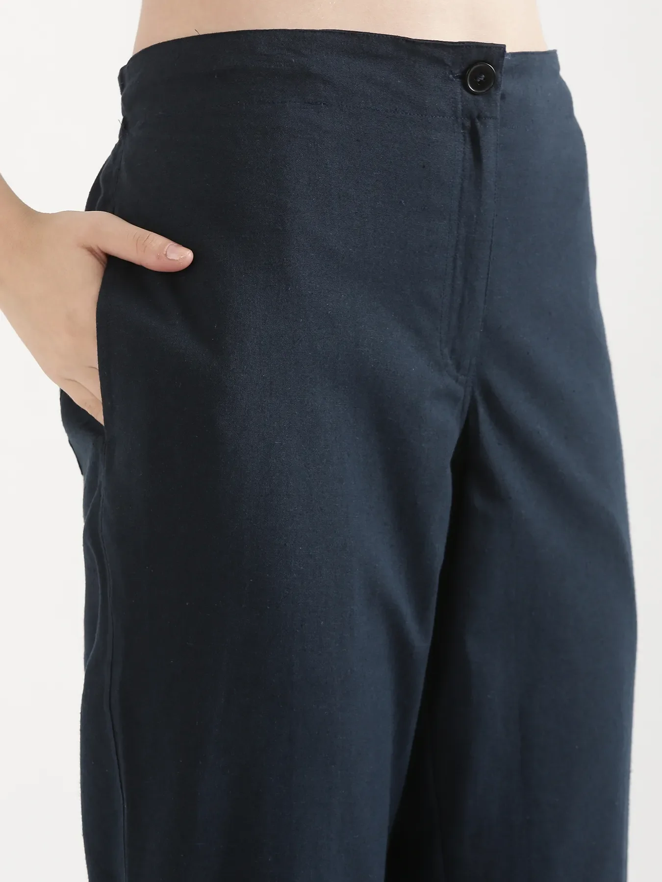 Women Navy Blue Airy Linen Straight Pants - Image 10