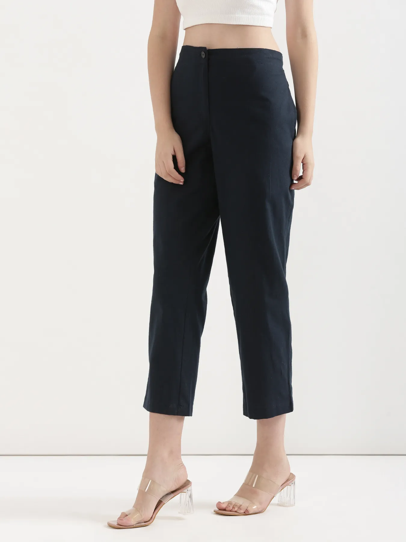 Women Navy Blue Airy Linen Straight Pants - Image 5