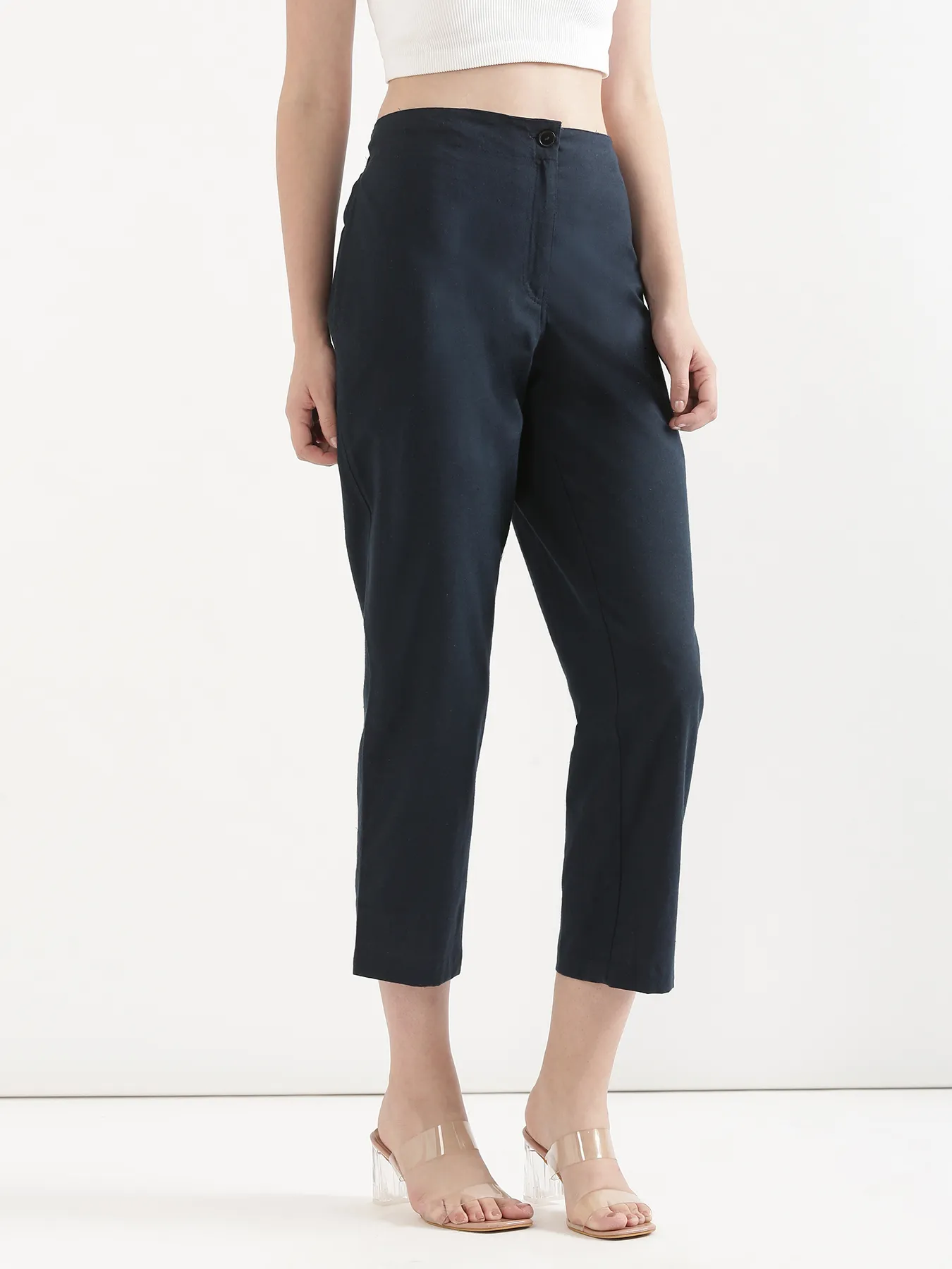 Women Navy Blue Airy Linen Straight Pants - Image 6