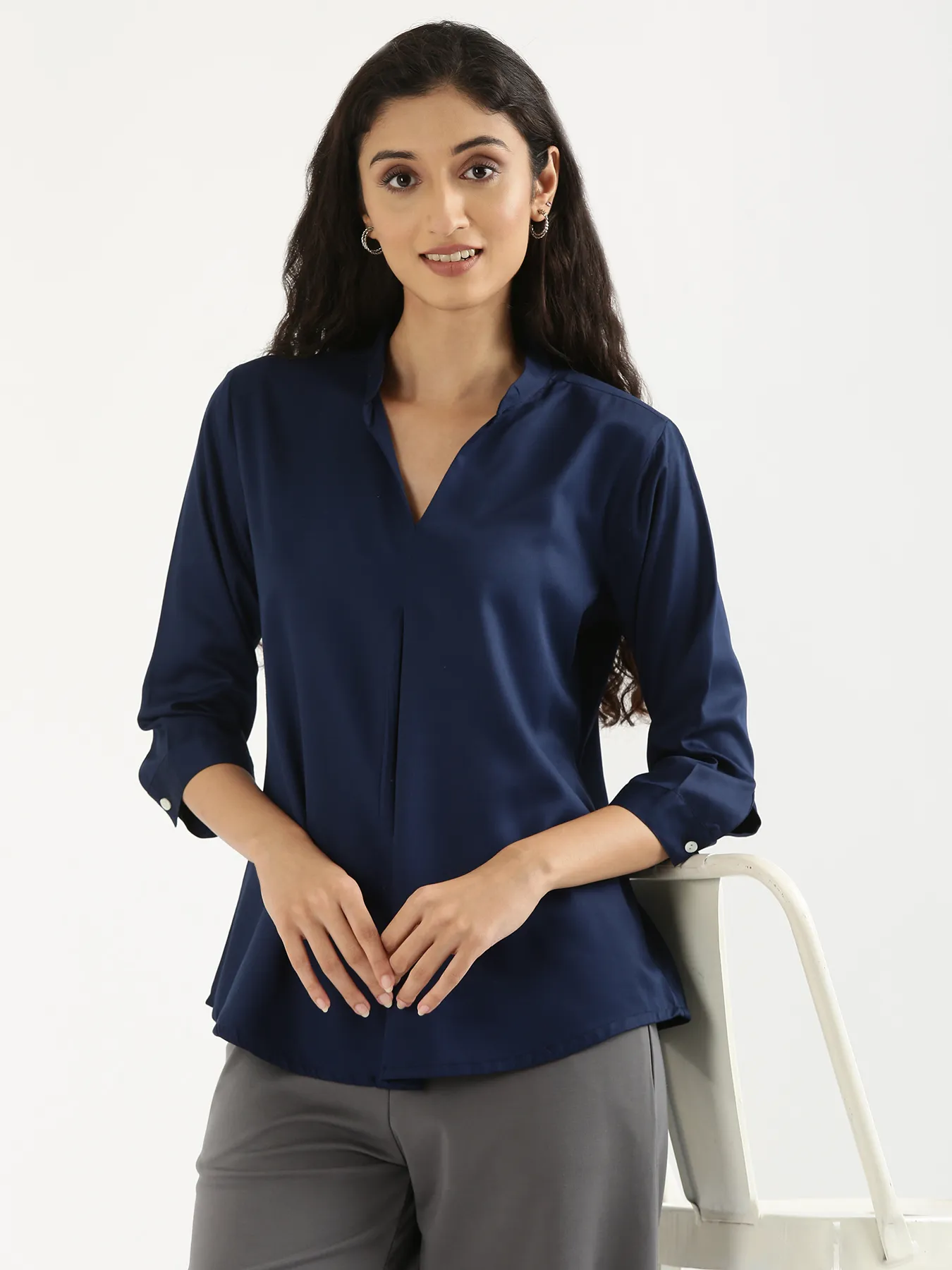 Women Navy Blue Viscose Pleated Top - Image 10