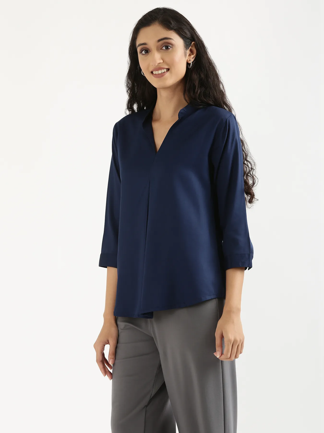 Women Navy Blue Viscose Pleated Top - Image 4
