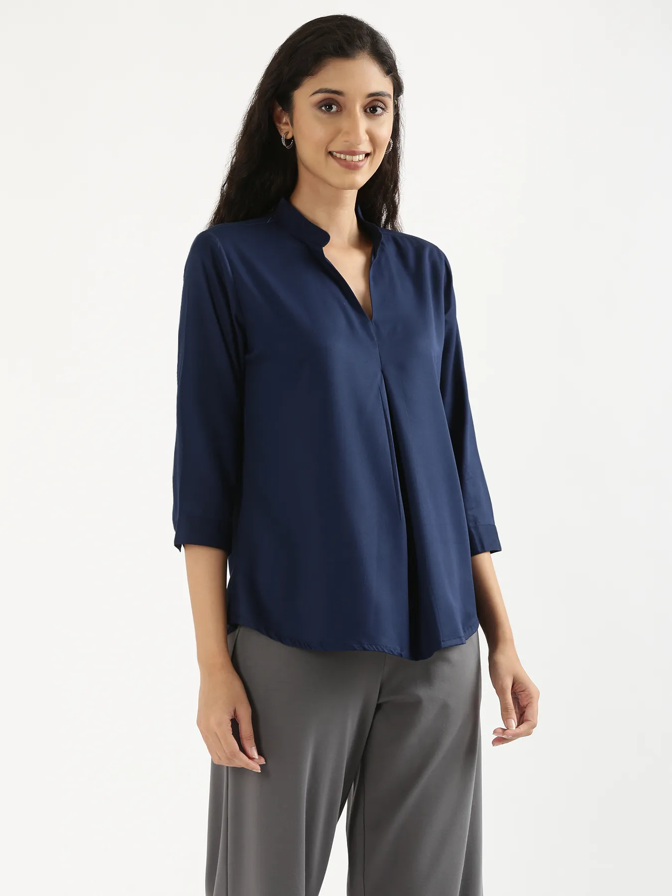 Women Navy Blue Viscose Pleated Top - Image 9