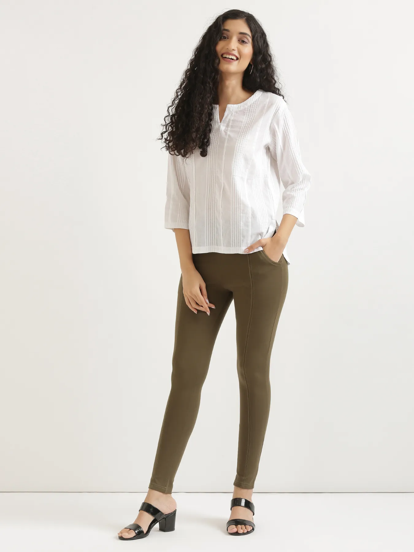 Women Olive Green 4-Way Stretchable Pants - Image 2