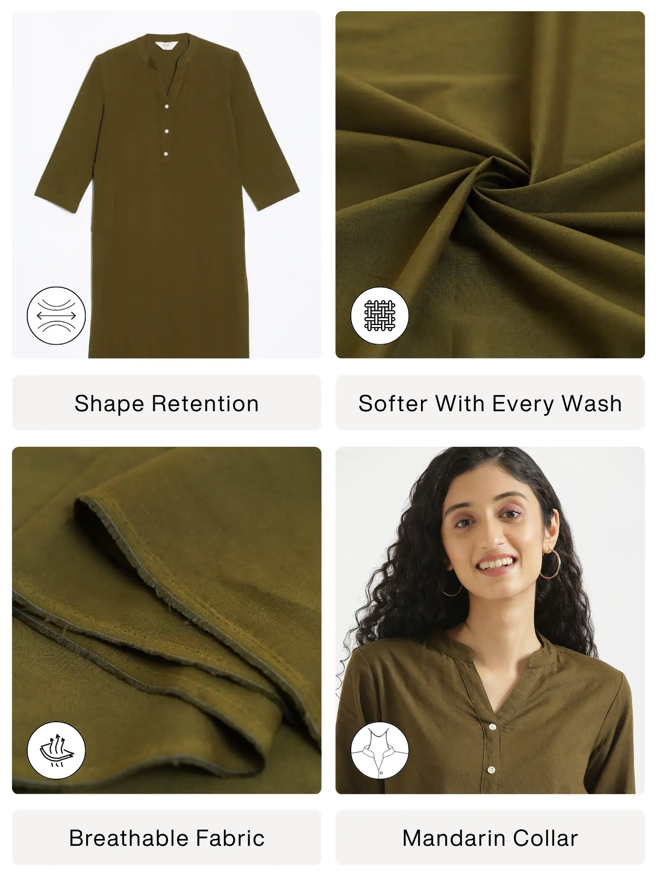 Women Olive Green Airy Linen Long Kurta - Image 2