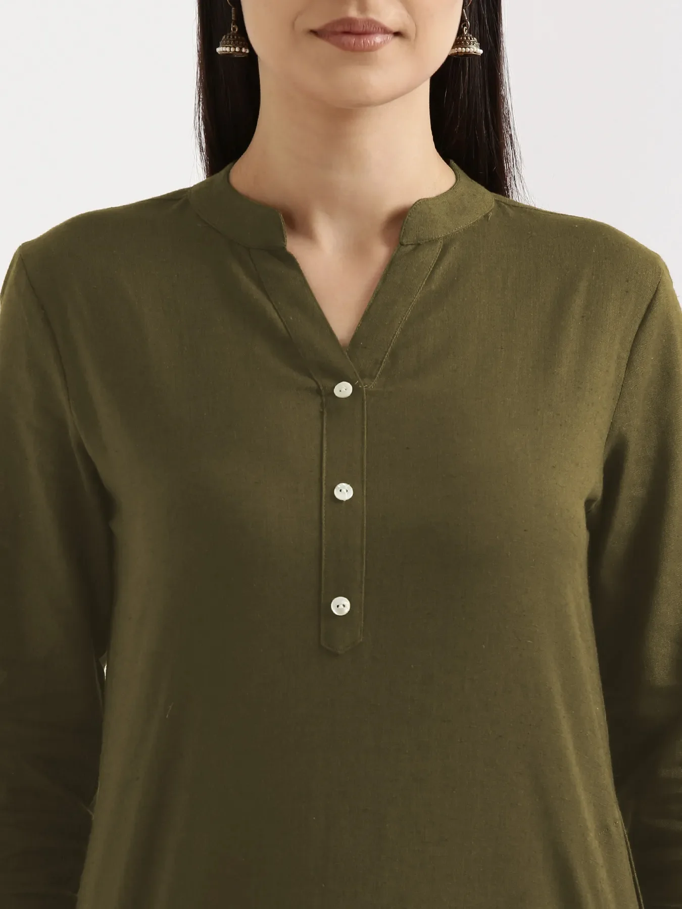 Women Olive Green Airy Linen Long Kurta - Image 5