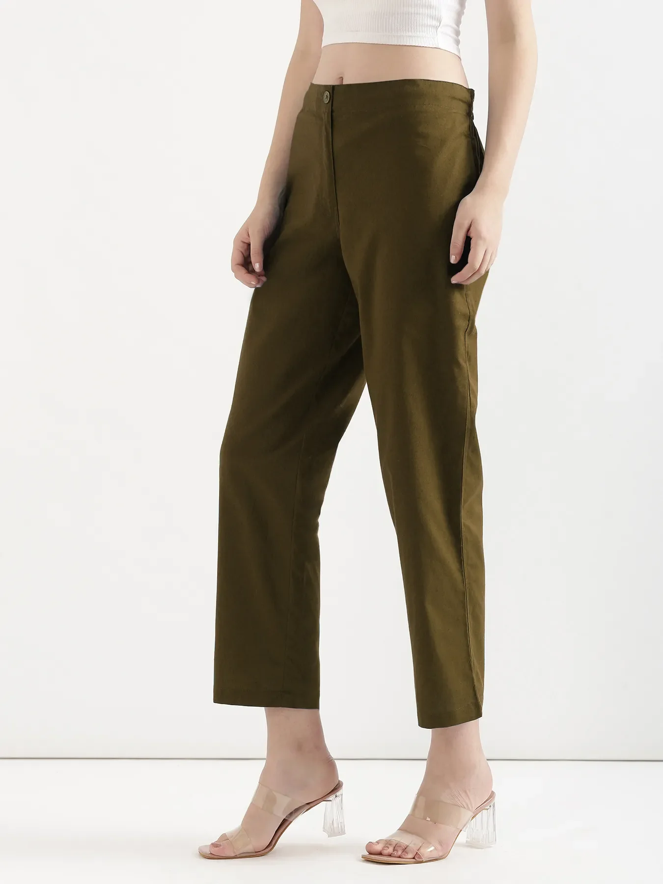 Women Olive Green Airy Linen Straight Pants - Image 4