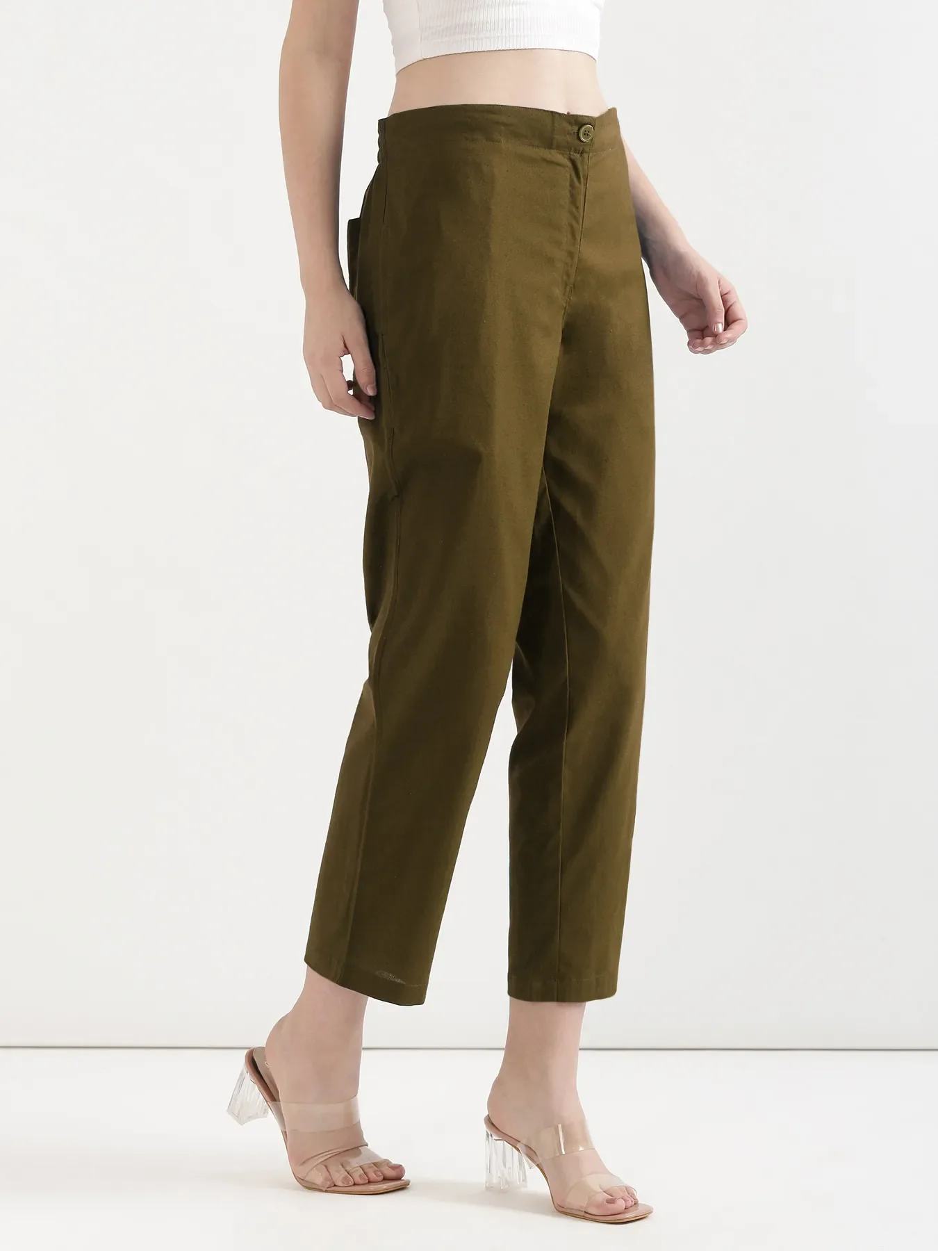 Women Olive Green Airy Linen Straight Pants - Image 5