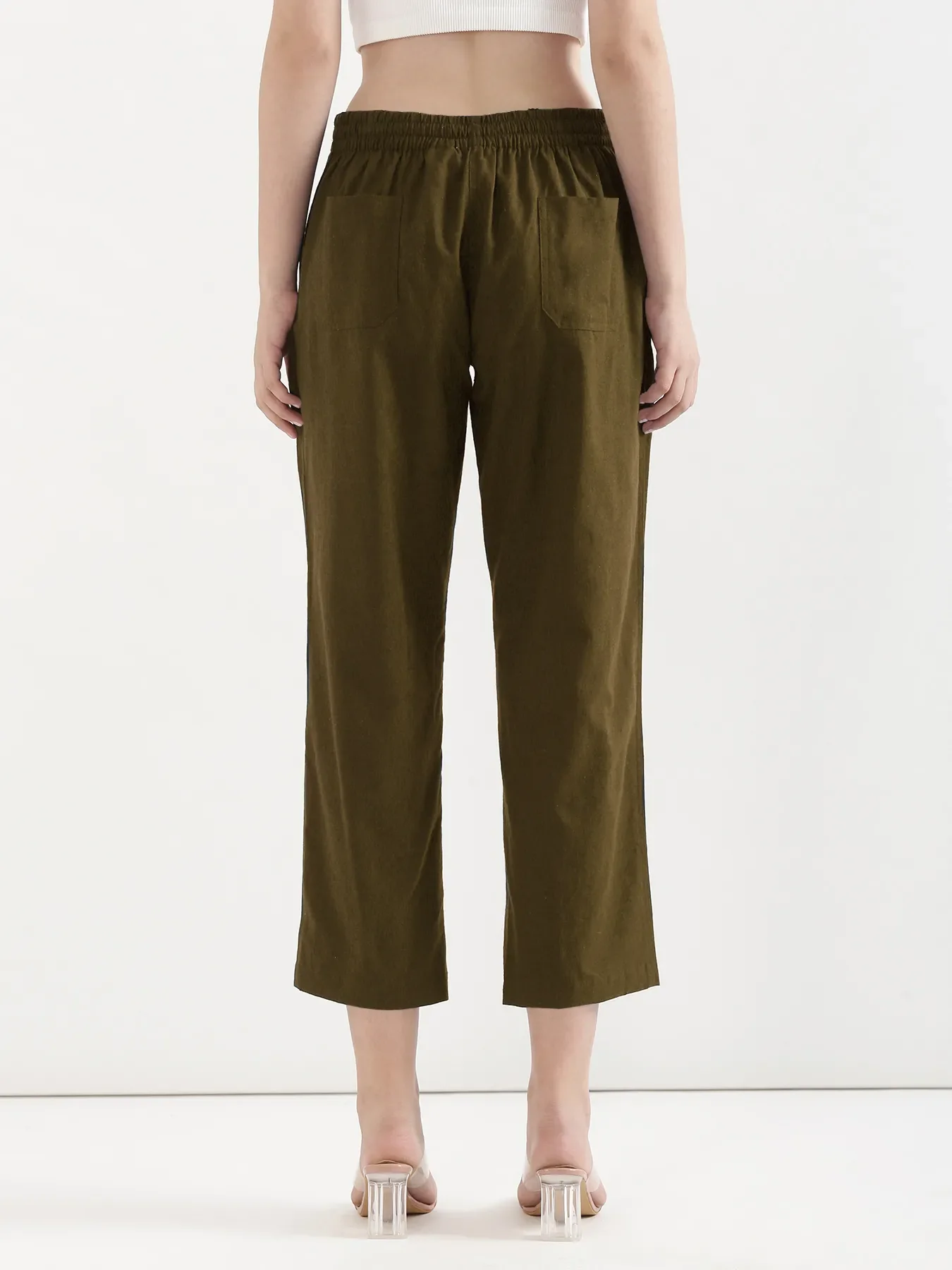 Women Olive Green Airy Linen Straight Pants - Image 6