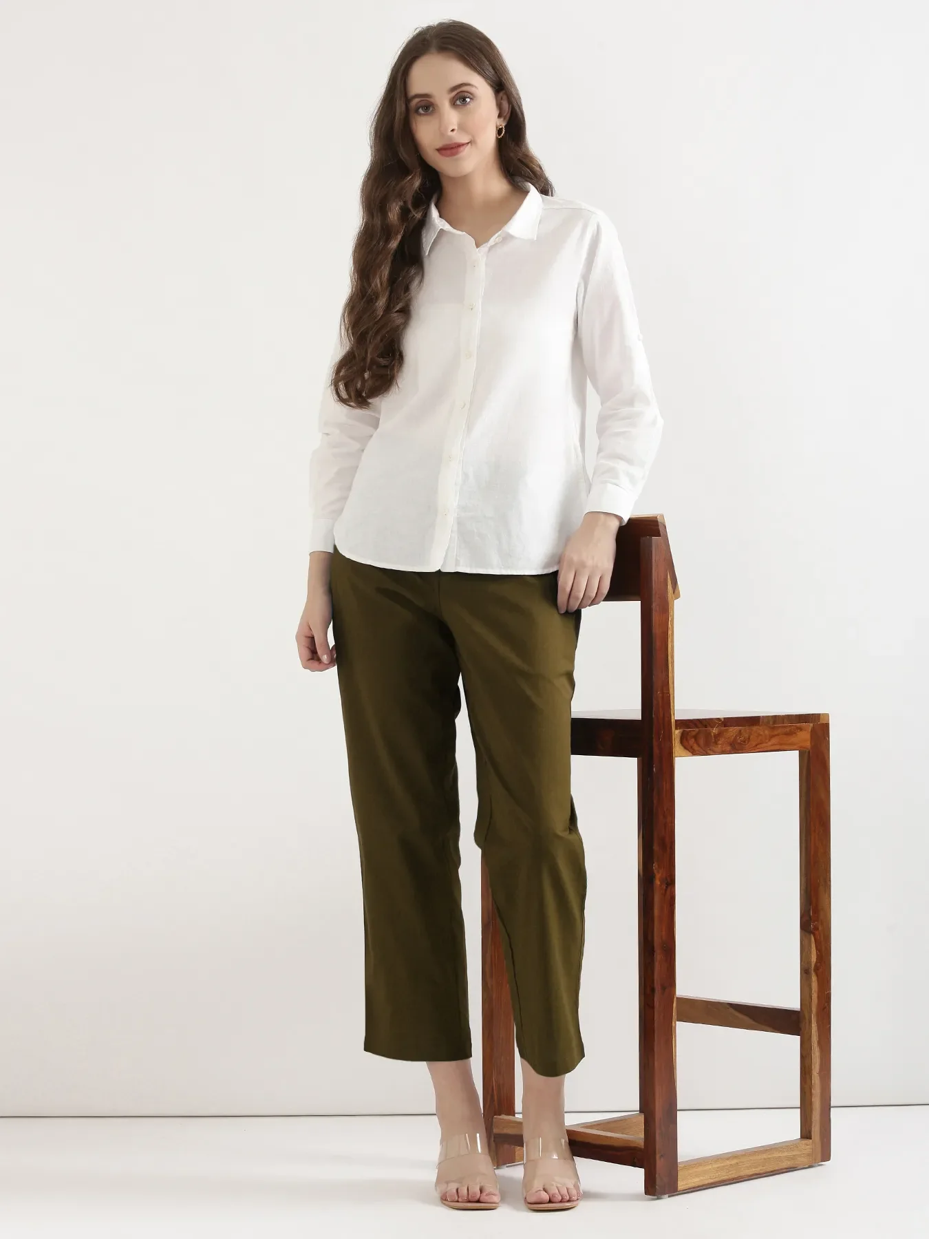 Women Olive Green Airy Linen Straight Pants - Image 7