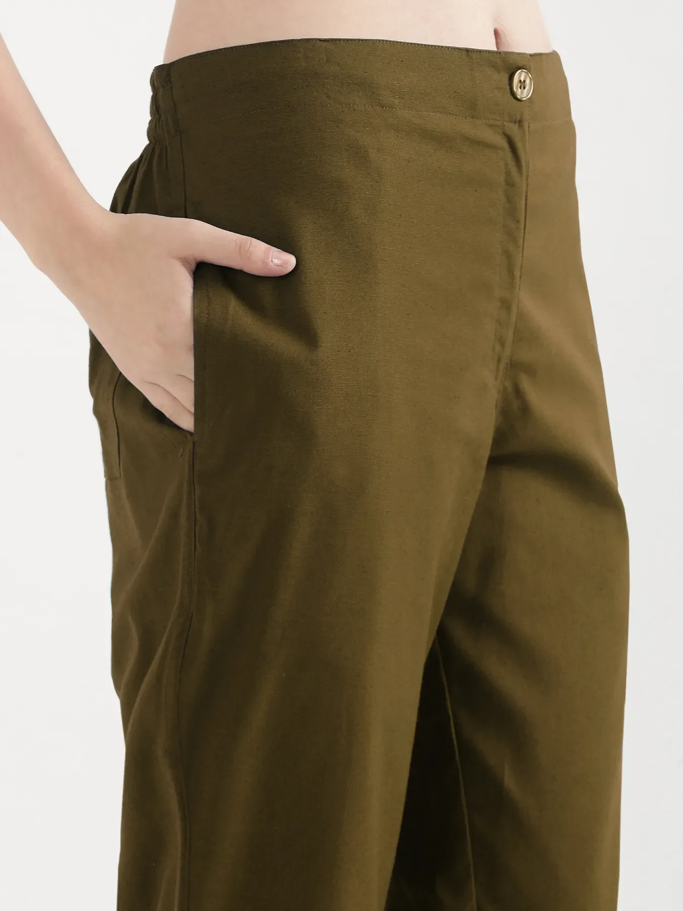 Women Olive Green Airy Linen Straight Pants - Image 9